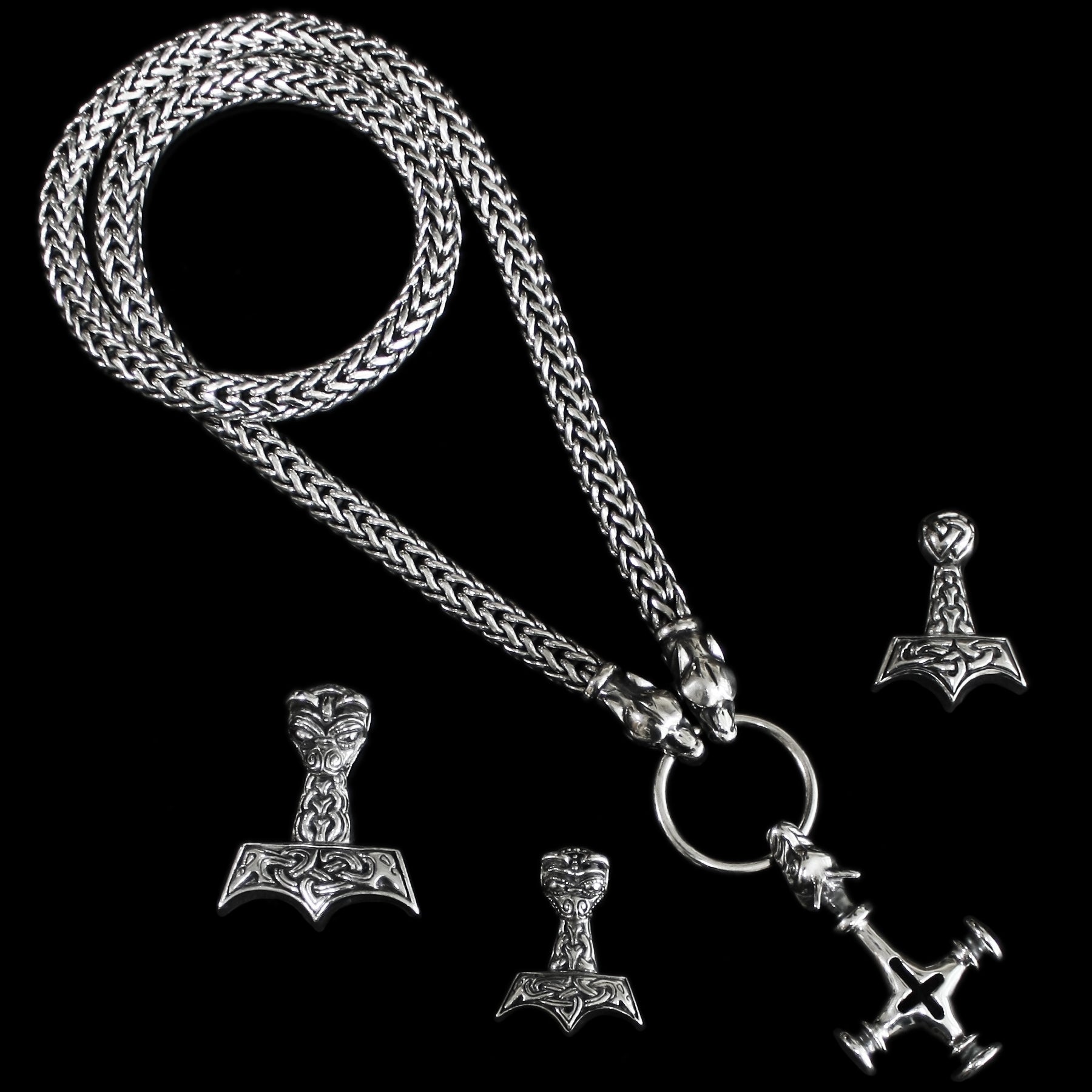 Fully Customisable 8mm Thick Silver Snake Chain Thor's Hammer Necklace with Ferocious Wolf Heads & choice of Thor's Hammer Pendants - Viking Jewelry