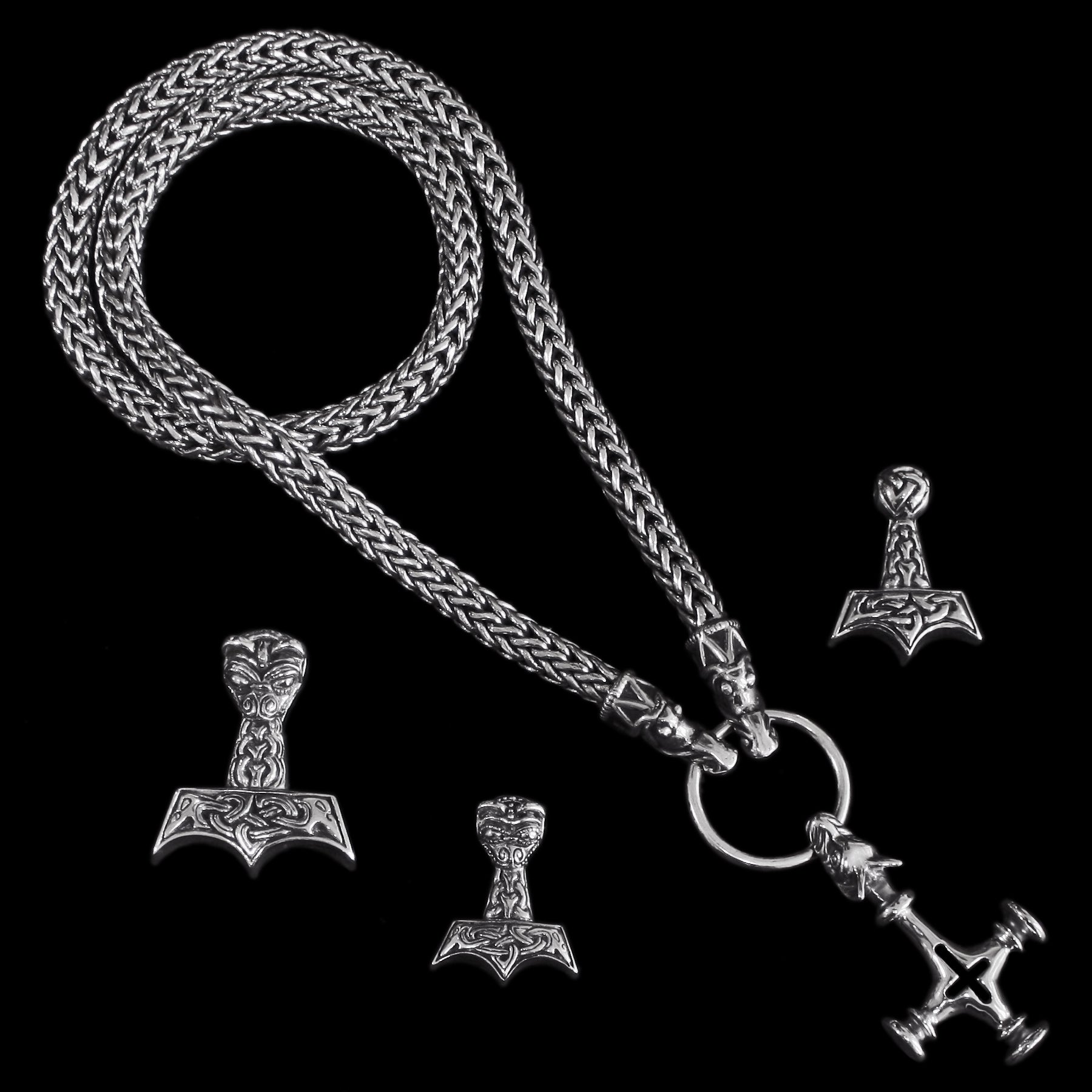Fully Customisable 8mm Thick Silver Snake Chain Thor's Hammer Necklace with Gotland Dragon Heads with choice of Silver Thor's Hammers - Viking Jewelry