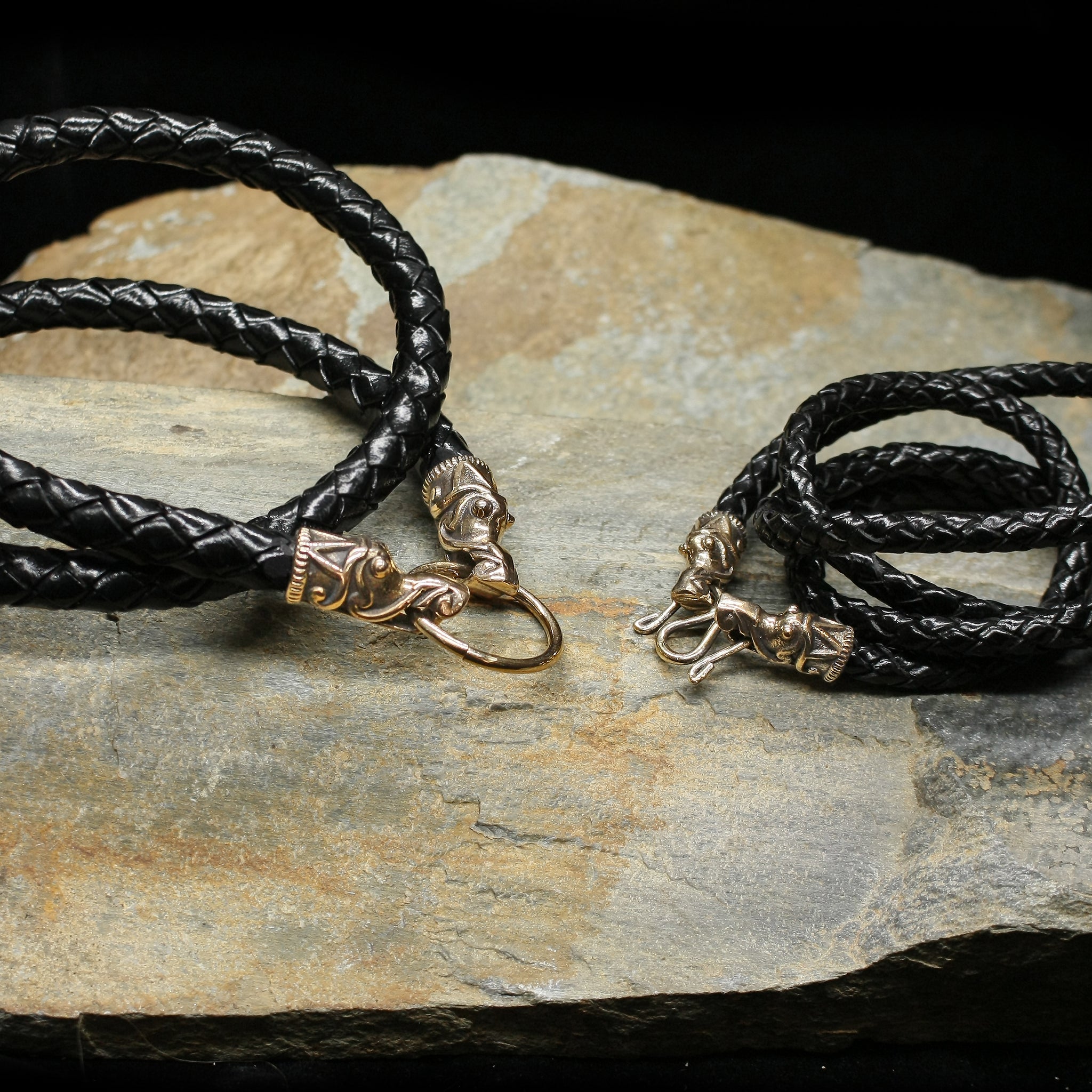 Braided Leather Necklace with Bronze Icelandic Replica Wolf Heads