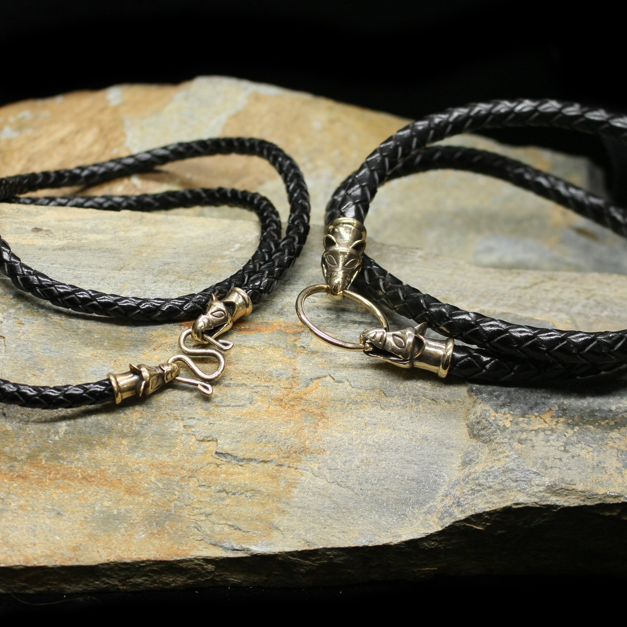 Braided Leather Necklace with Bronze Icelandic Replica Wolf Heads