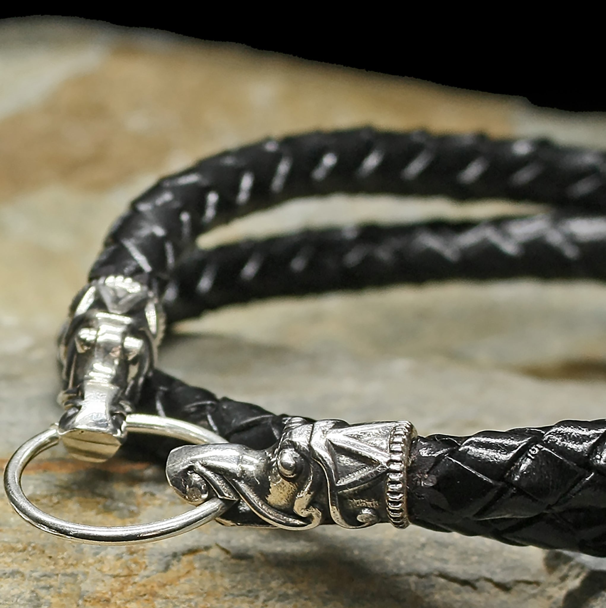 8mm Thick Braided Leather Necklace with Silver Gotlandic Dragon Heads