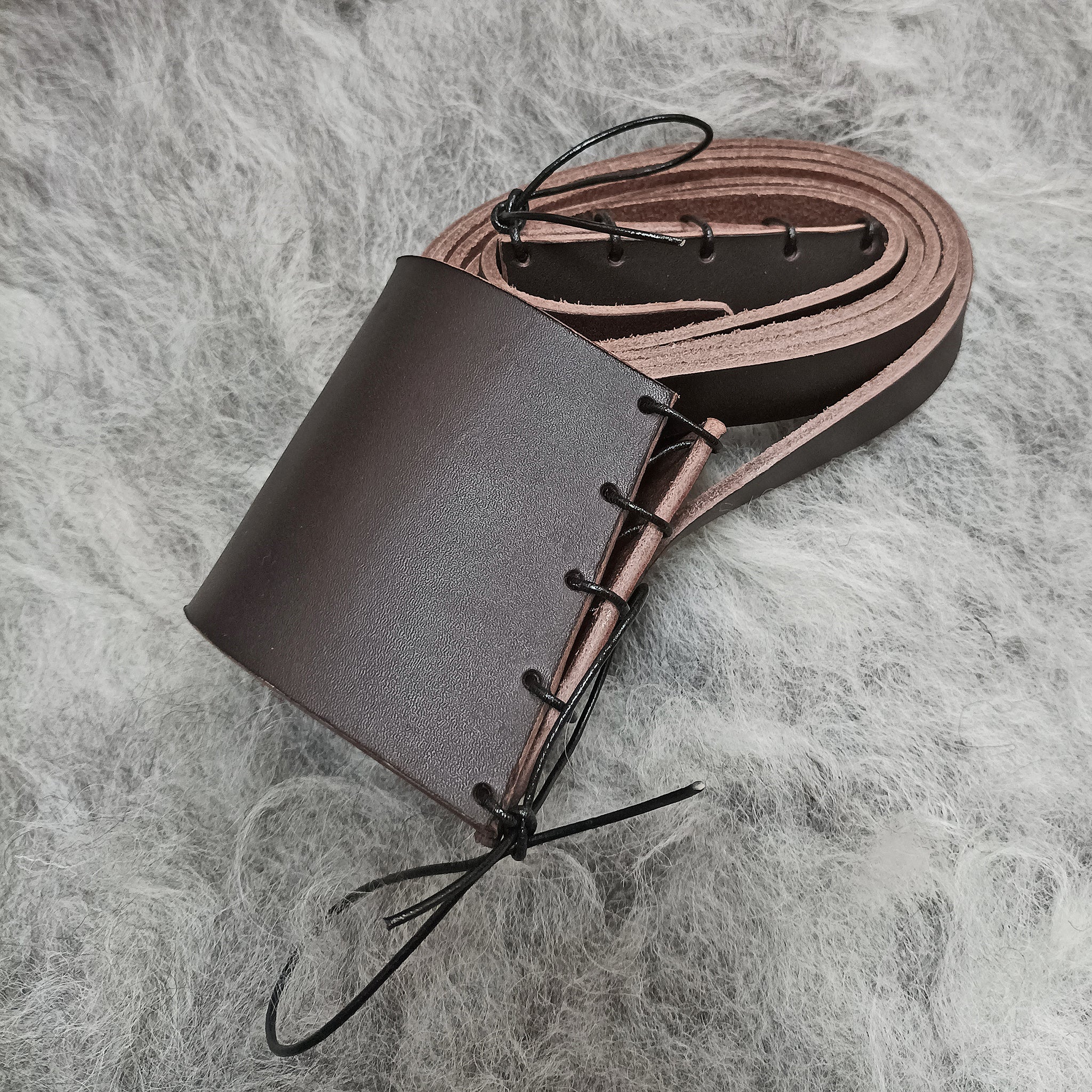Brown Leather Shoulder Strap for Viking Drinking / Blowing Horn on Wool - Wound Up