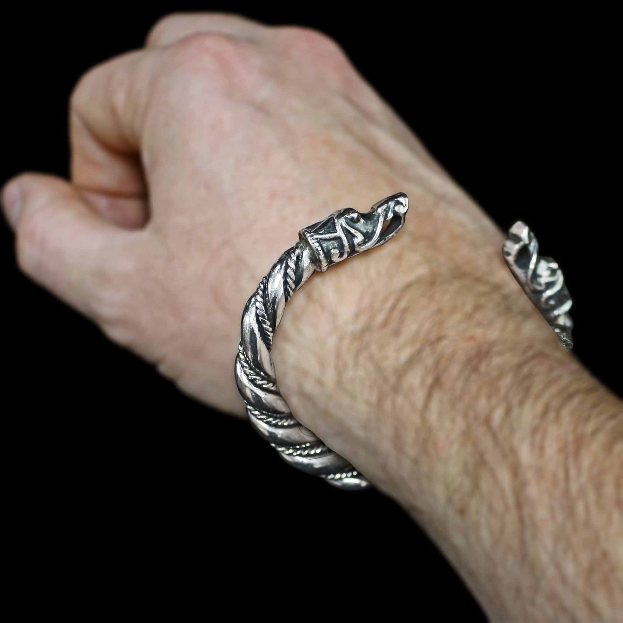 Large Twisted Silver Arm Ring With Gotlandic Dragon Heads on Wrist - Viking Bracelets