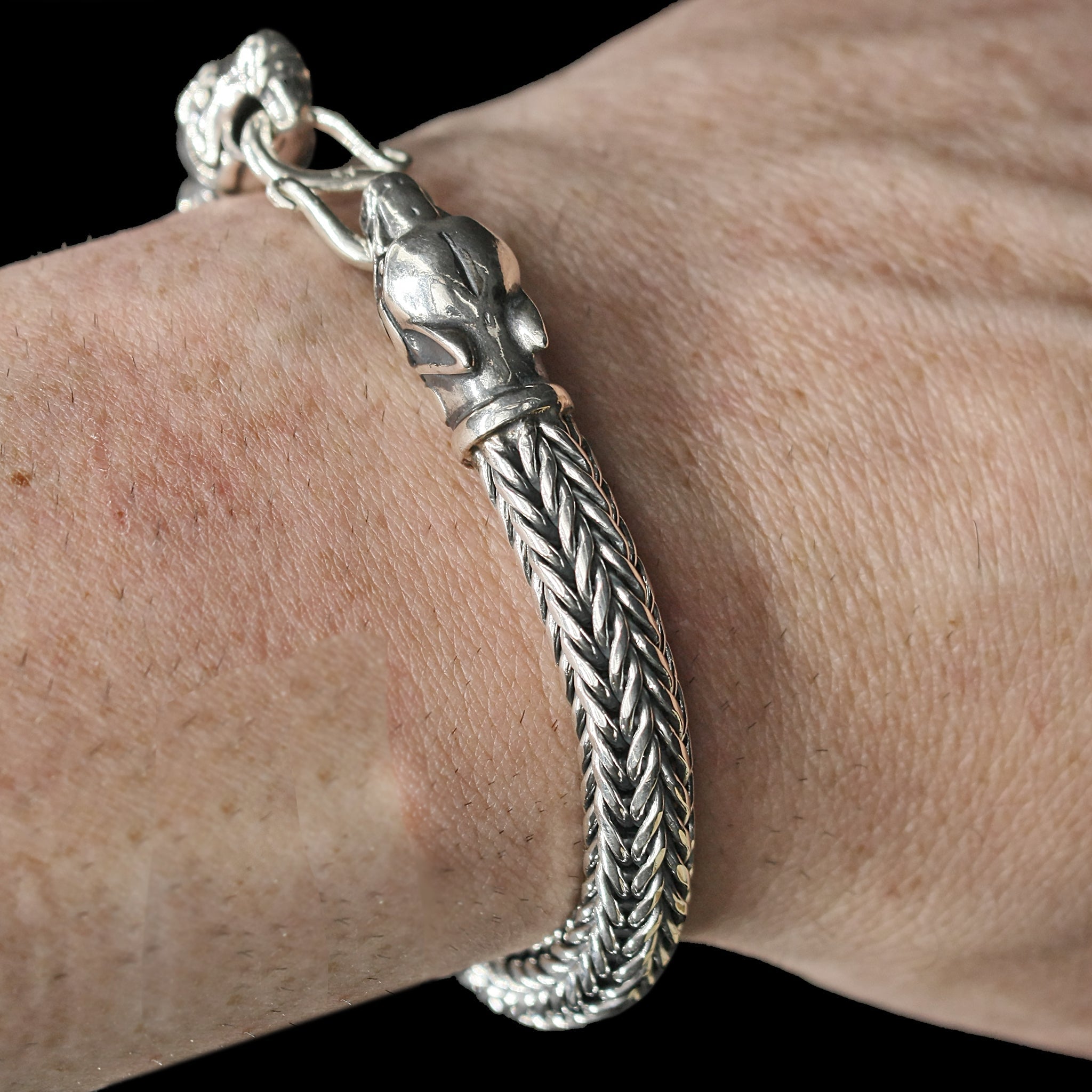 8mm Silver Snake Bracelet With Ferocious Wolf Heads On Wrist