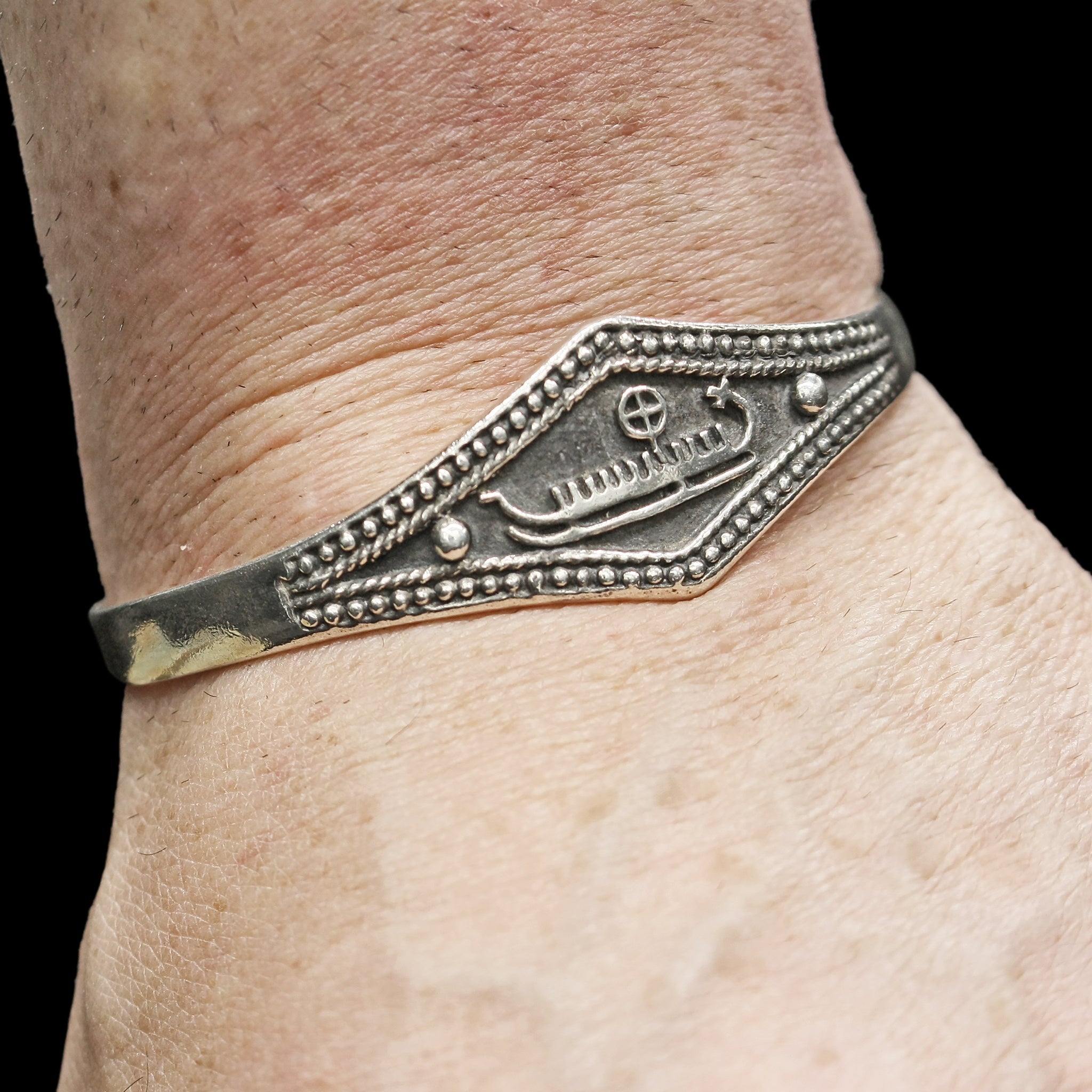 Silver Viking Longship Bracelet On Wrist