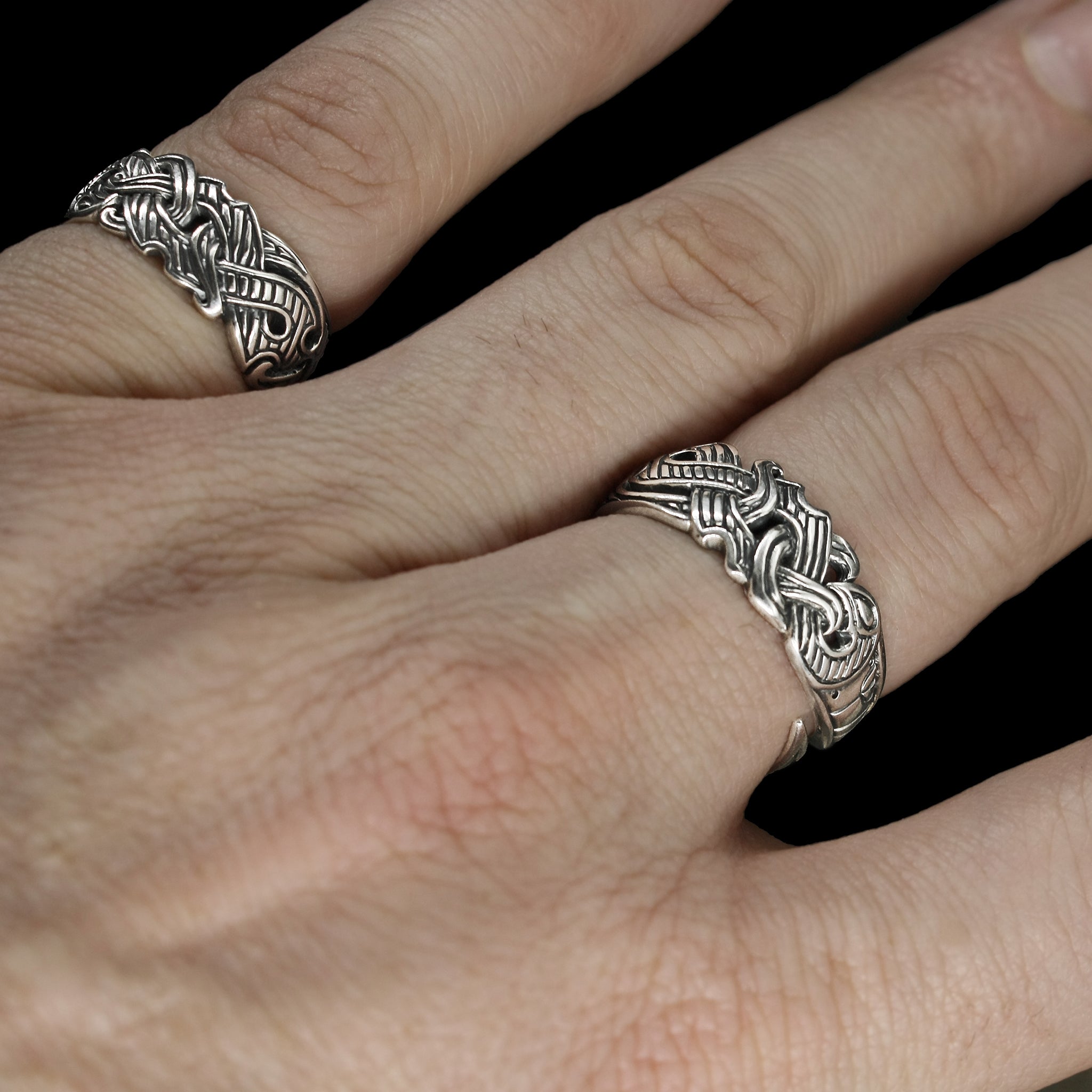 Silver Viking Raven Rings on Hand - Hugin & Munin