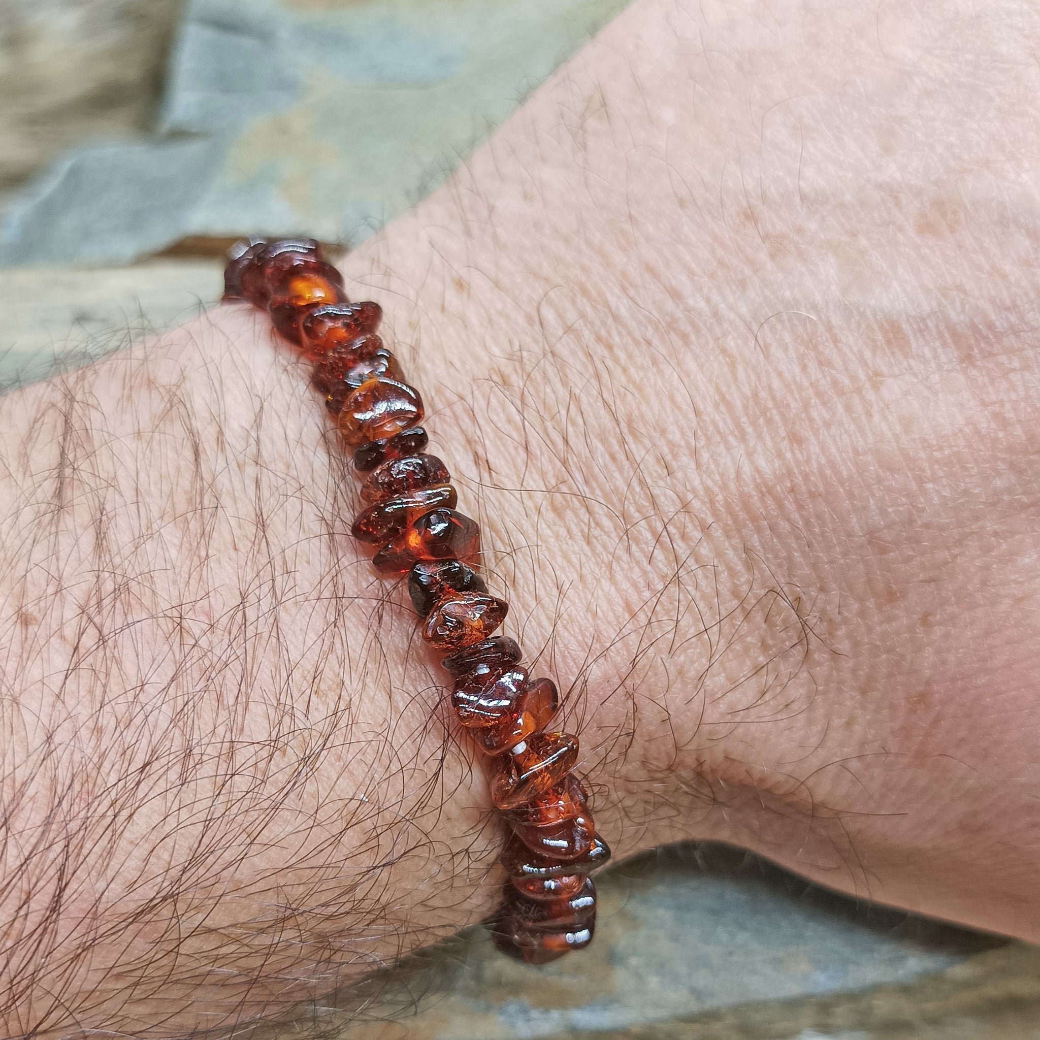 Polished Amber Chip Bracelet on Wrist