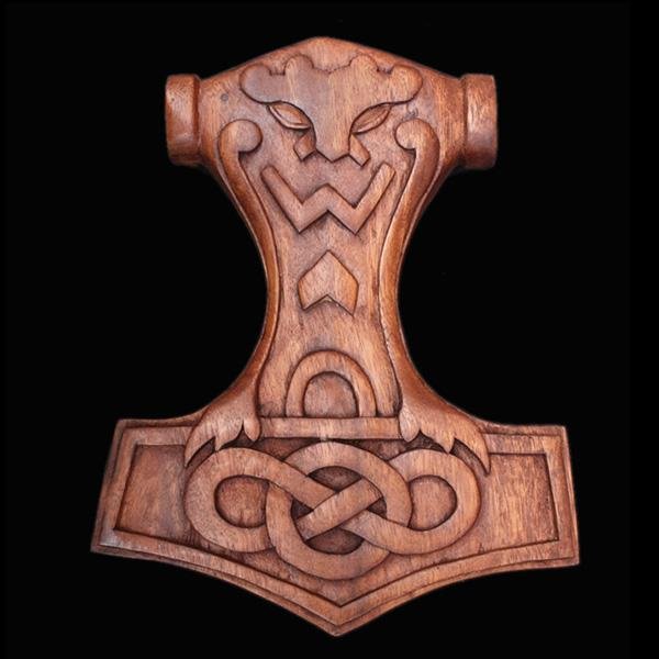 Wooden Thors Hammer Wall Hanger With Pagan Head - Wall Hangings