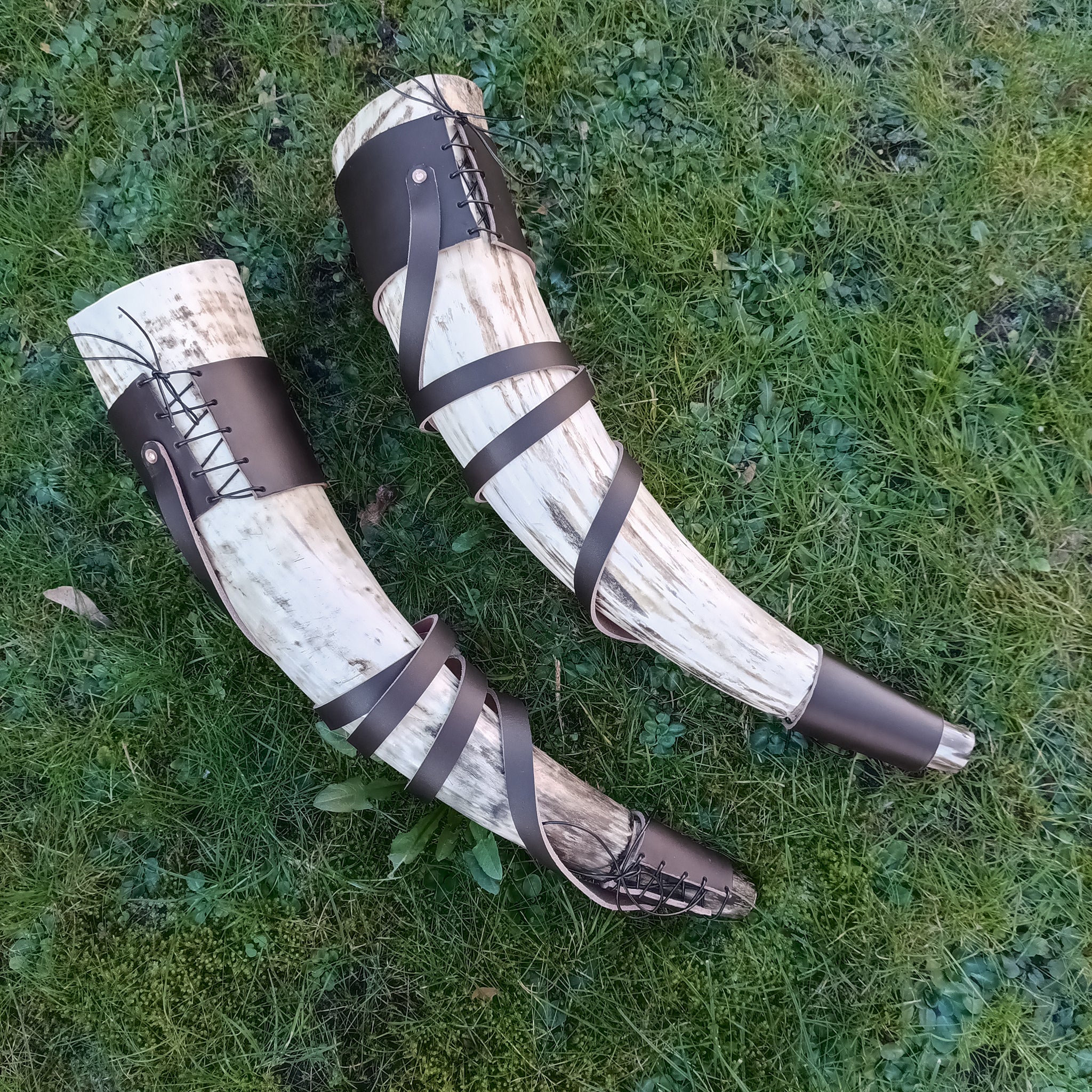 Large Viking Blowing Horns / Bugles with Brown Leather Shoulder Straps