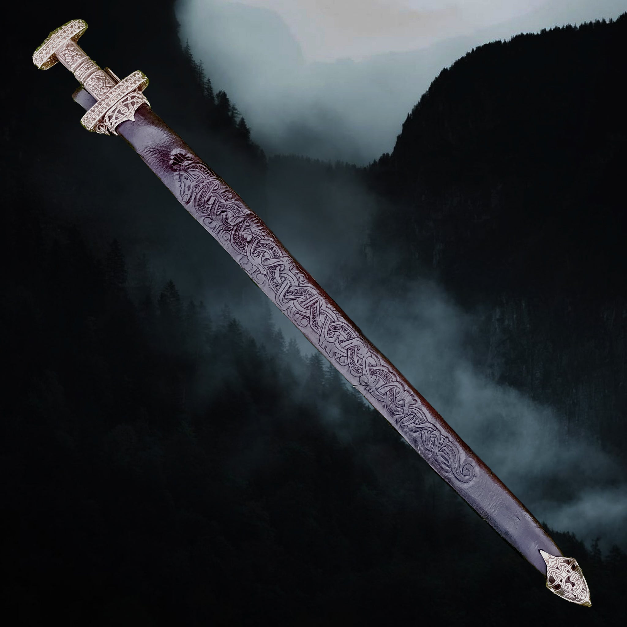 Custom Leather Sword Scabbard with Bronze Viking Fittings and Ornate Sword