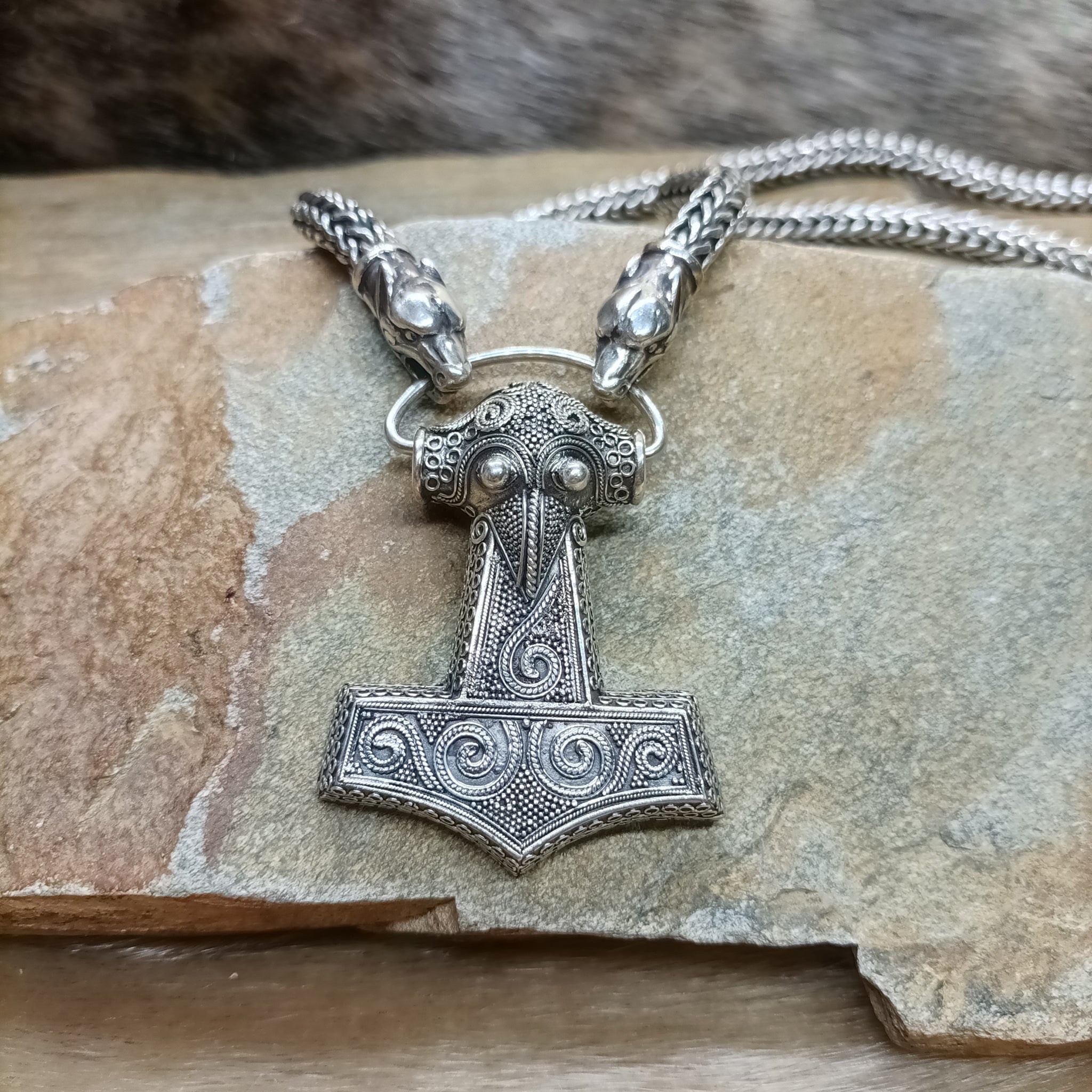 8mm Thick Silver Snake Chain Thors Hammer Necklace with Ferocious Wolf Heads and Large Silver Kabara Thors Hammer on Rock