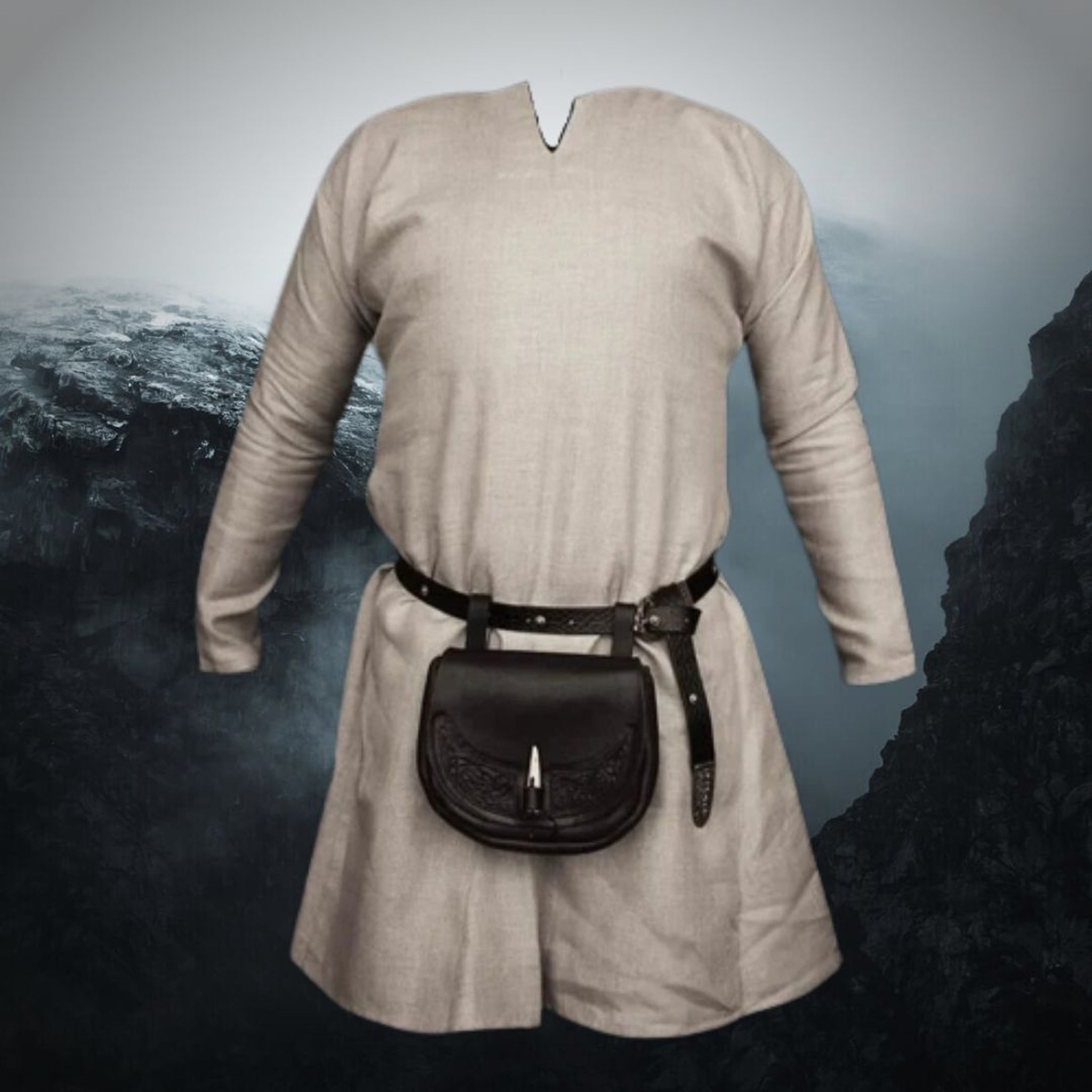 Handmade Natural Linen Viking Tunic on Icy Crags Background