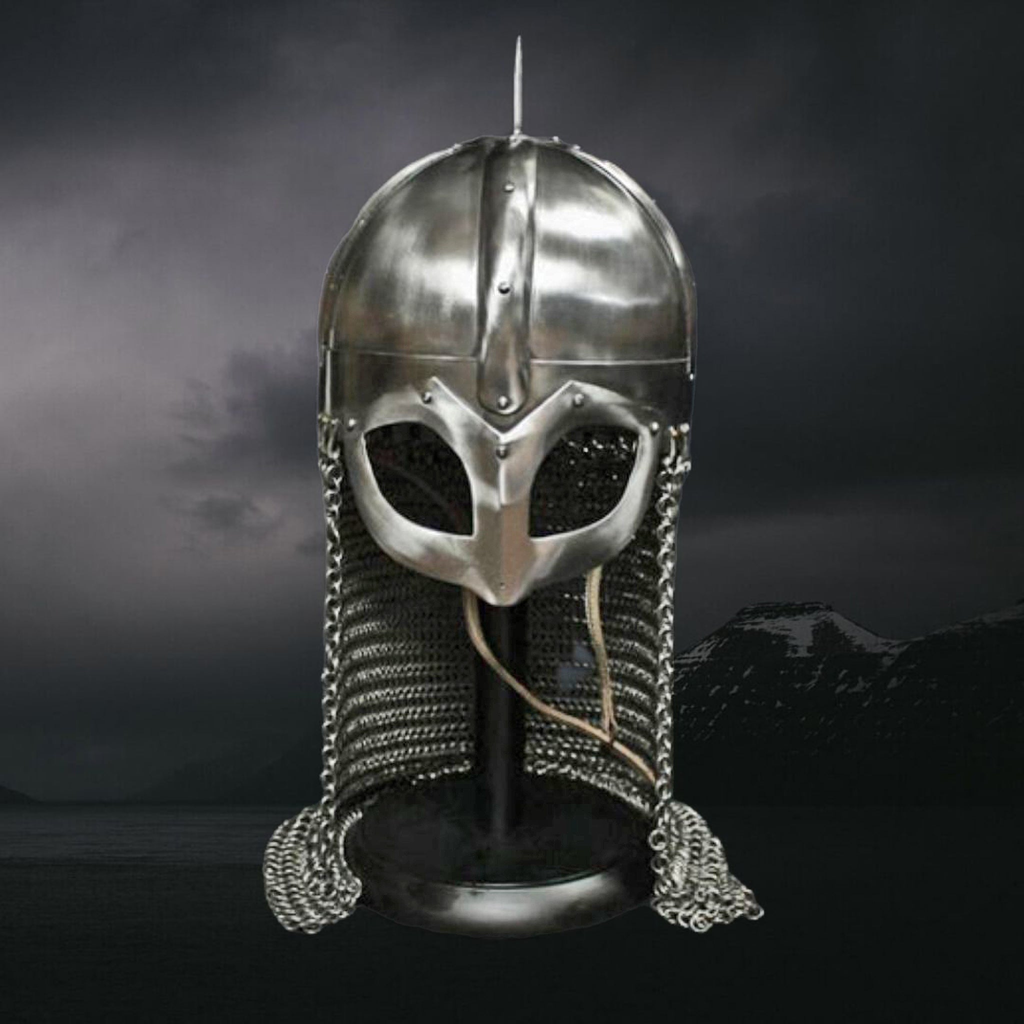 Gjermundbu Viking Helmet with Aventail on Dark Skies Bsckground