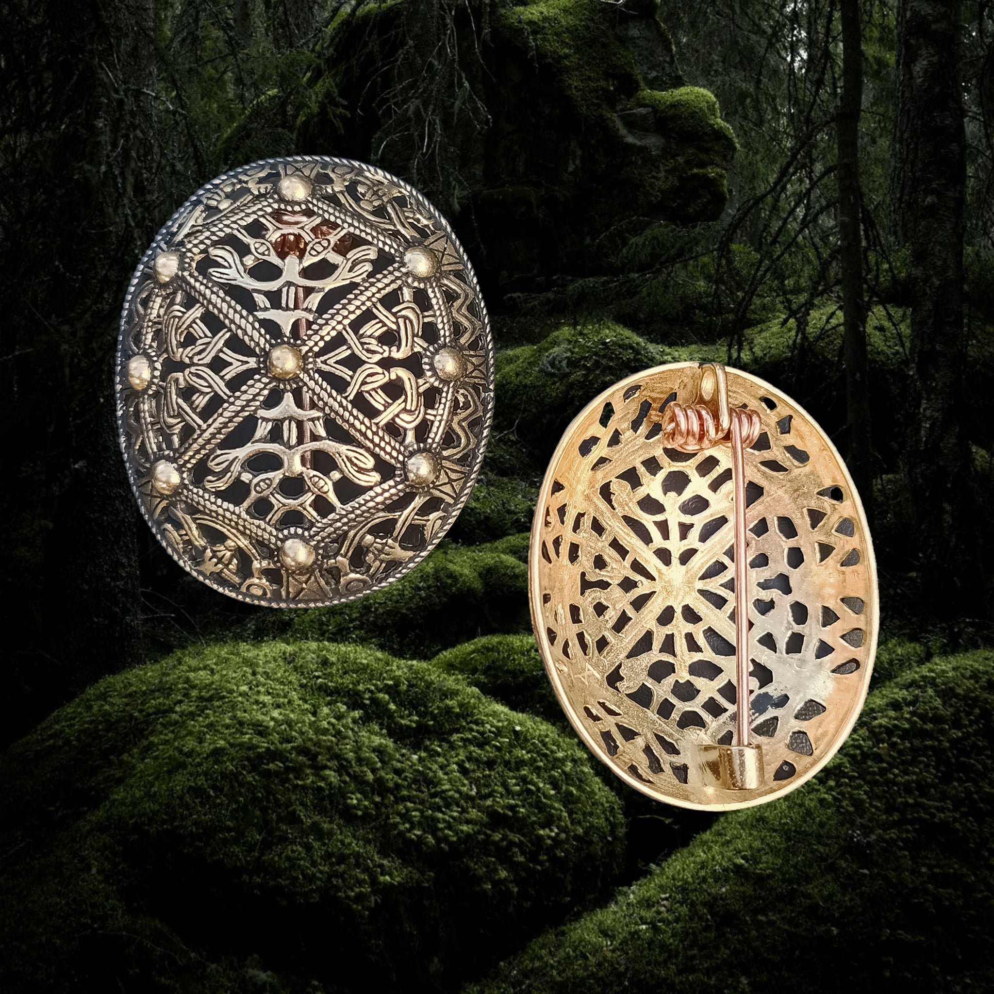 Bronze Borre Style Openwork Akershus Viking Tortoise Brooches - Front and Back