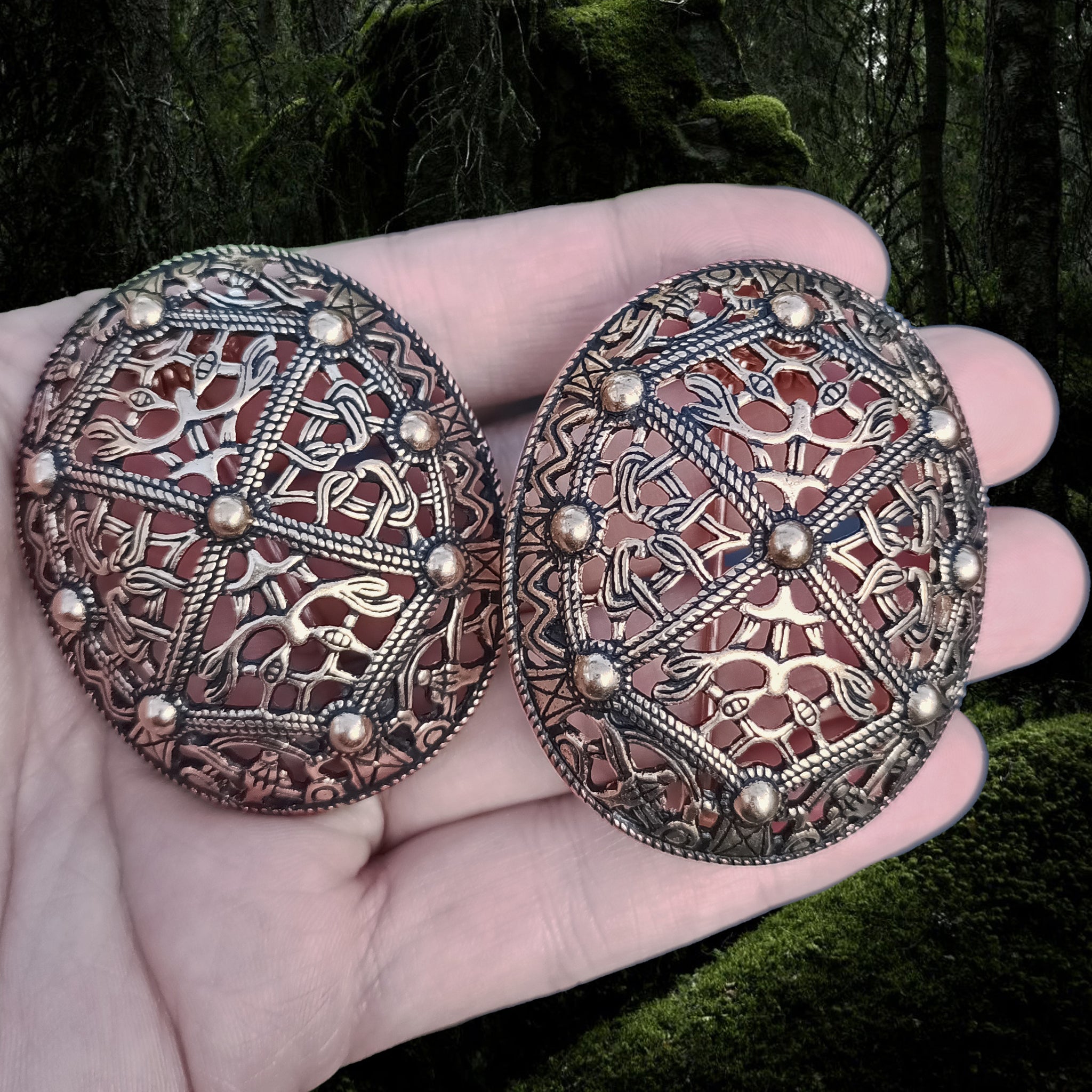 Bronze Borre Style Openwork Akershus Viking Tortoise Brooches in Hand