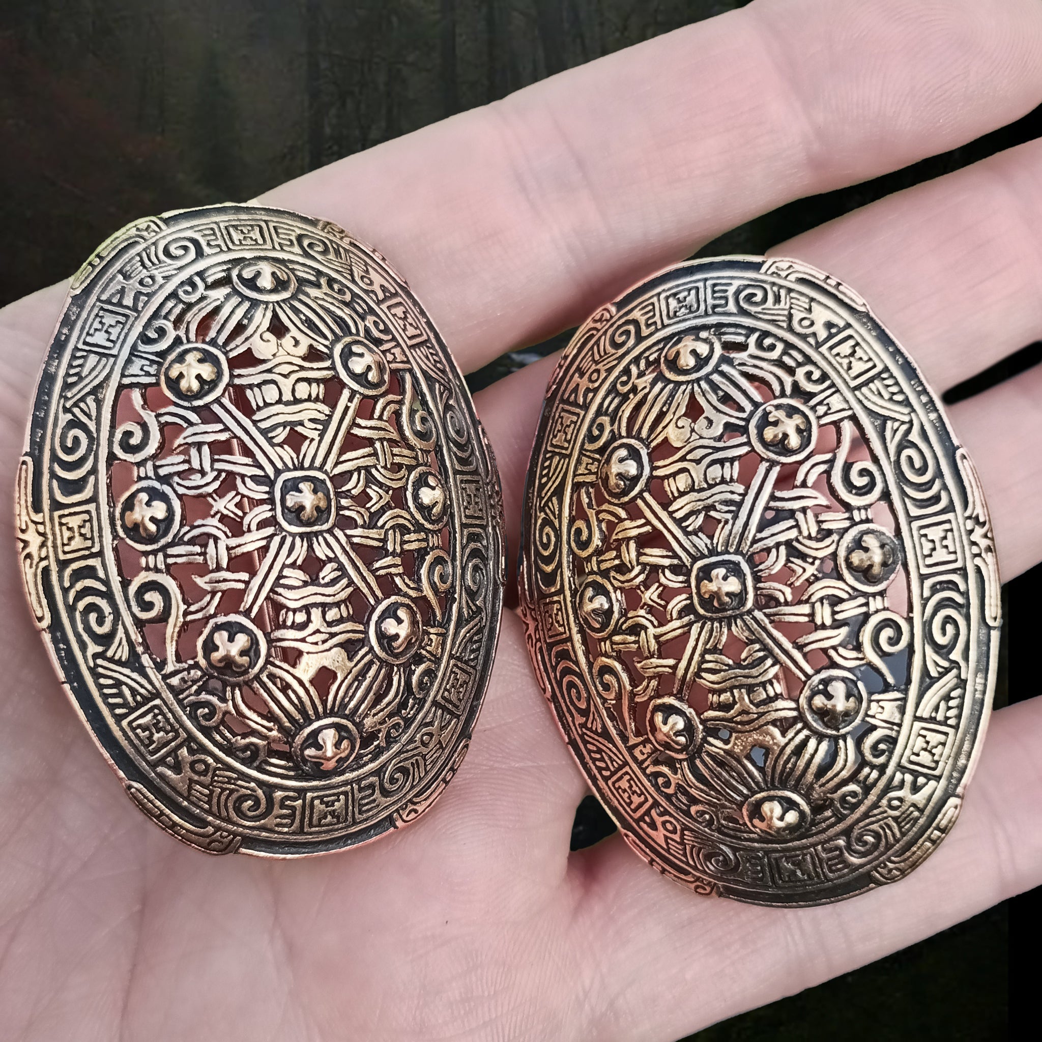 Bronze Borre Style Openwork Viking Tortoise Brooches on Hand