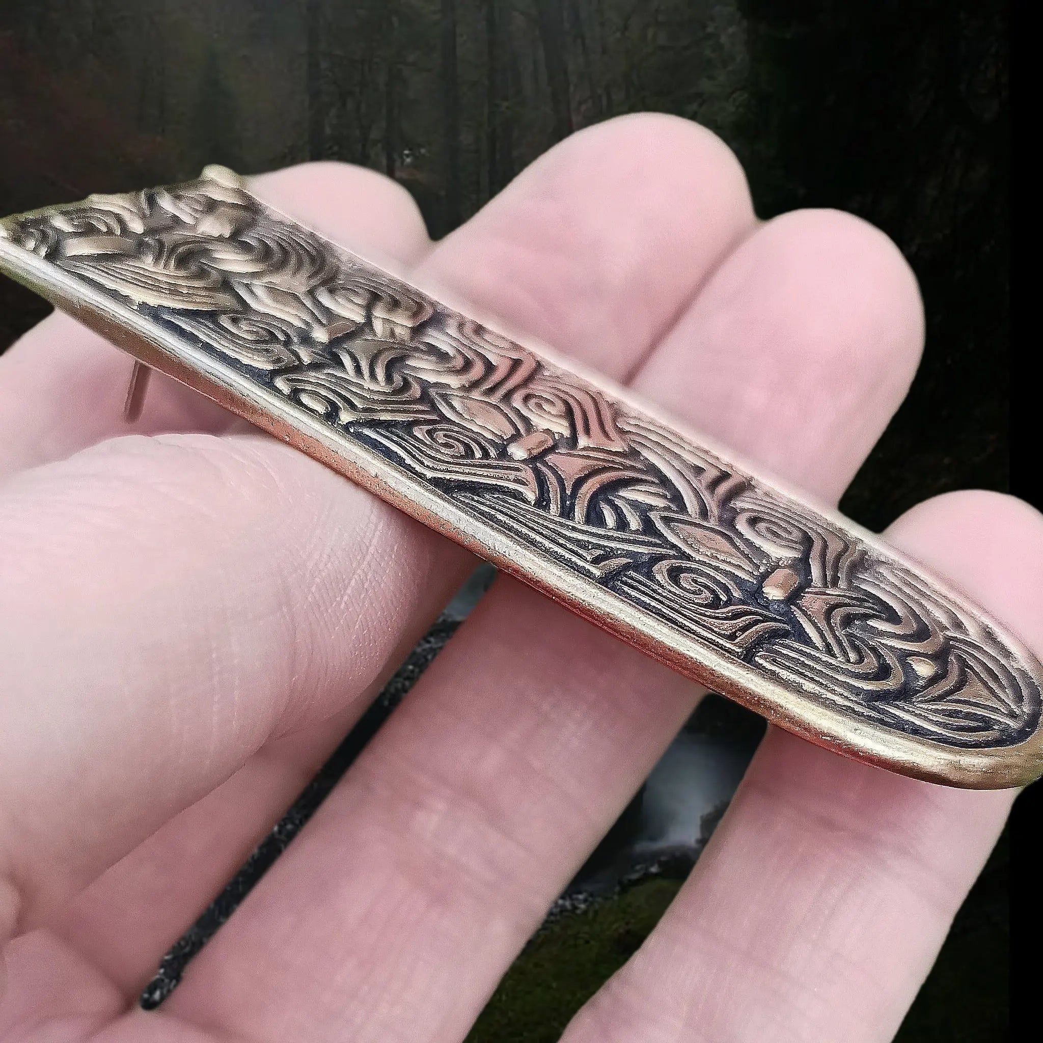 Large Bronze Borre Syle Viking Strap End in Hand - Side Angle View