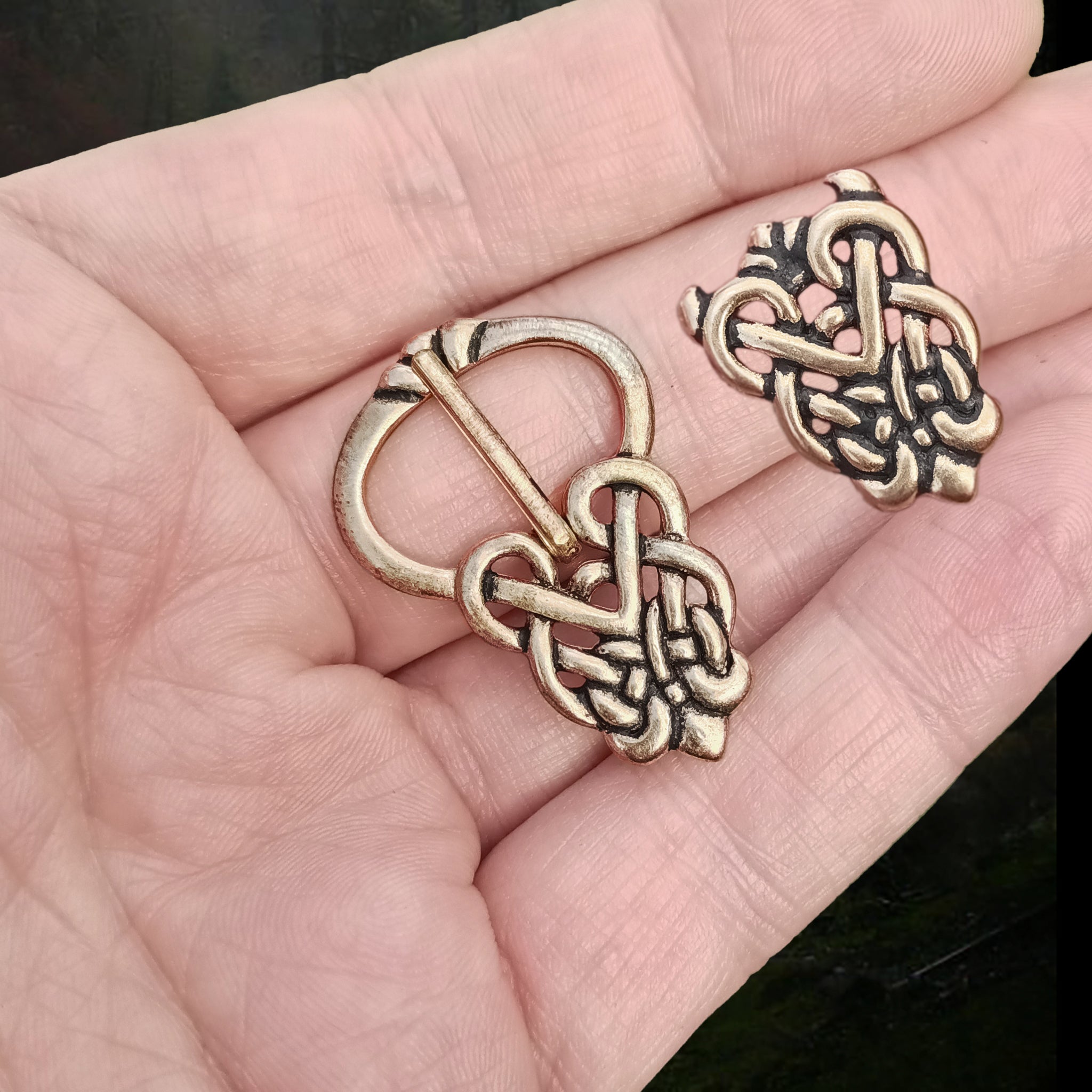 Bronze Ringerike Style Knotwork Viking Buckle Set on Hand