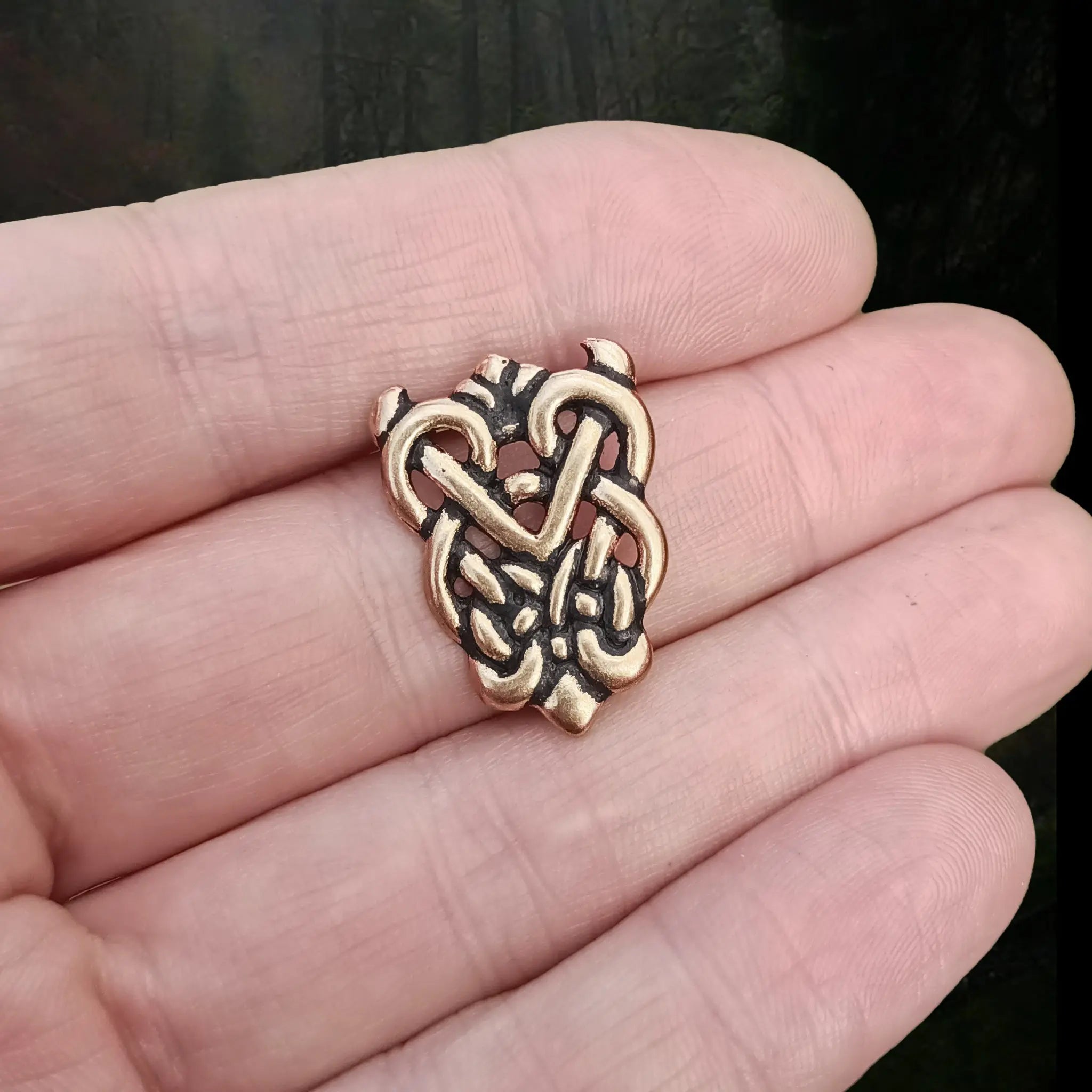 Bronze Ringerike Style Knotwork Viking Strap End on Hand