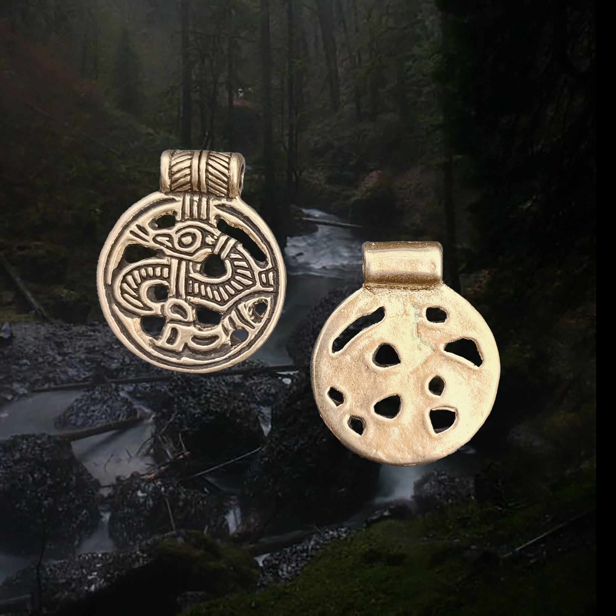 Round Bronze Viking Dragon Pendant from Birka - Front & Back