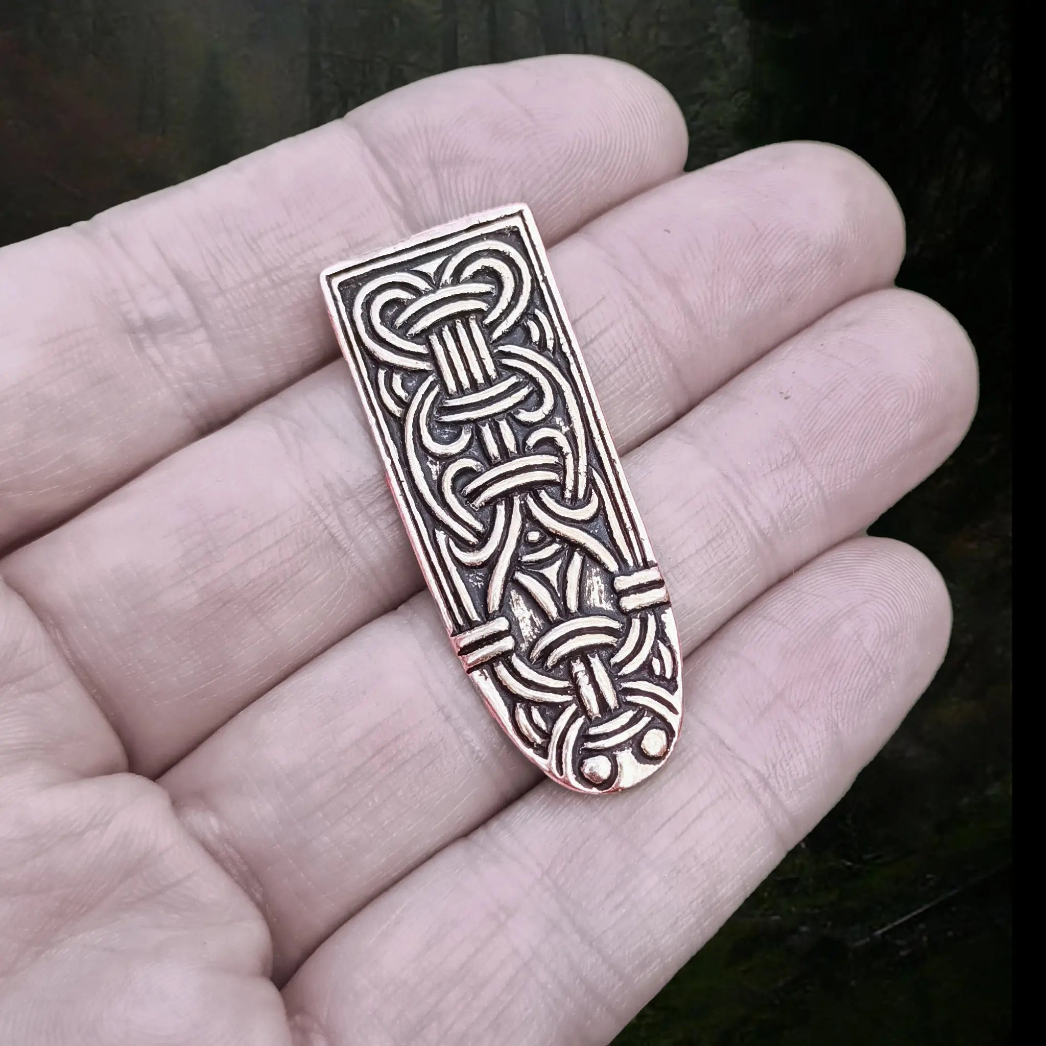Bronze Borre Style Birka Viking Strap End on Hand