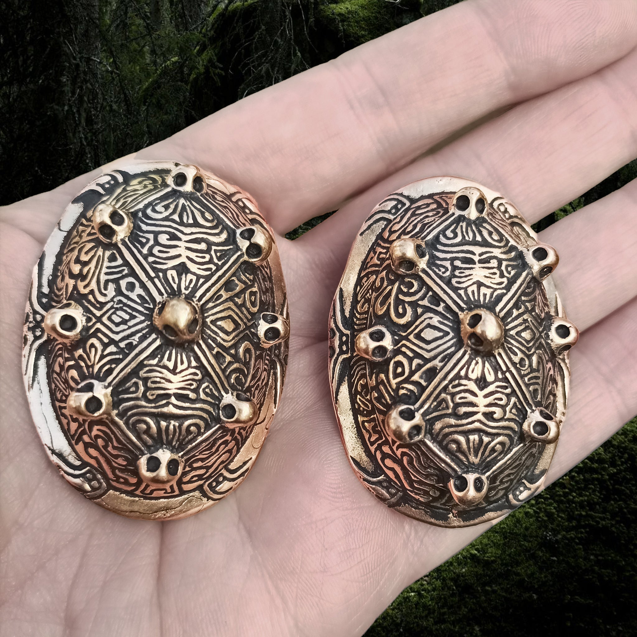 Bronze Viking Tortoise Brooches from Aland in Hand