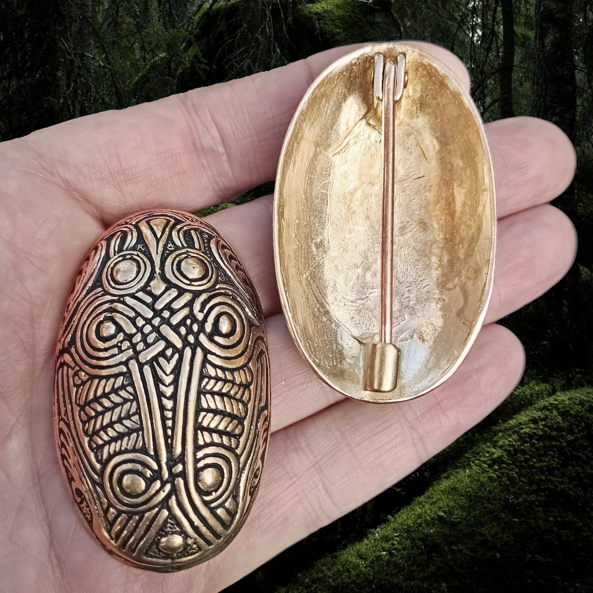 Bronze Norwegian Viking Turtle Brooches in Hand - Front and Back