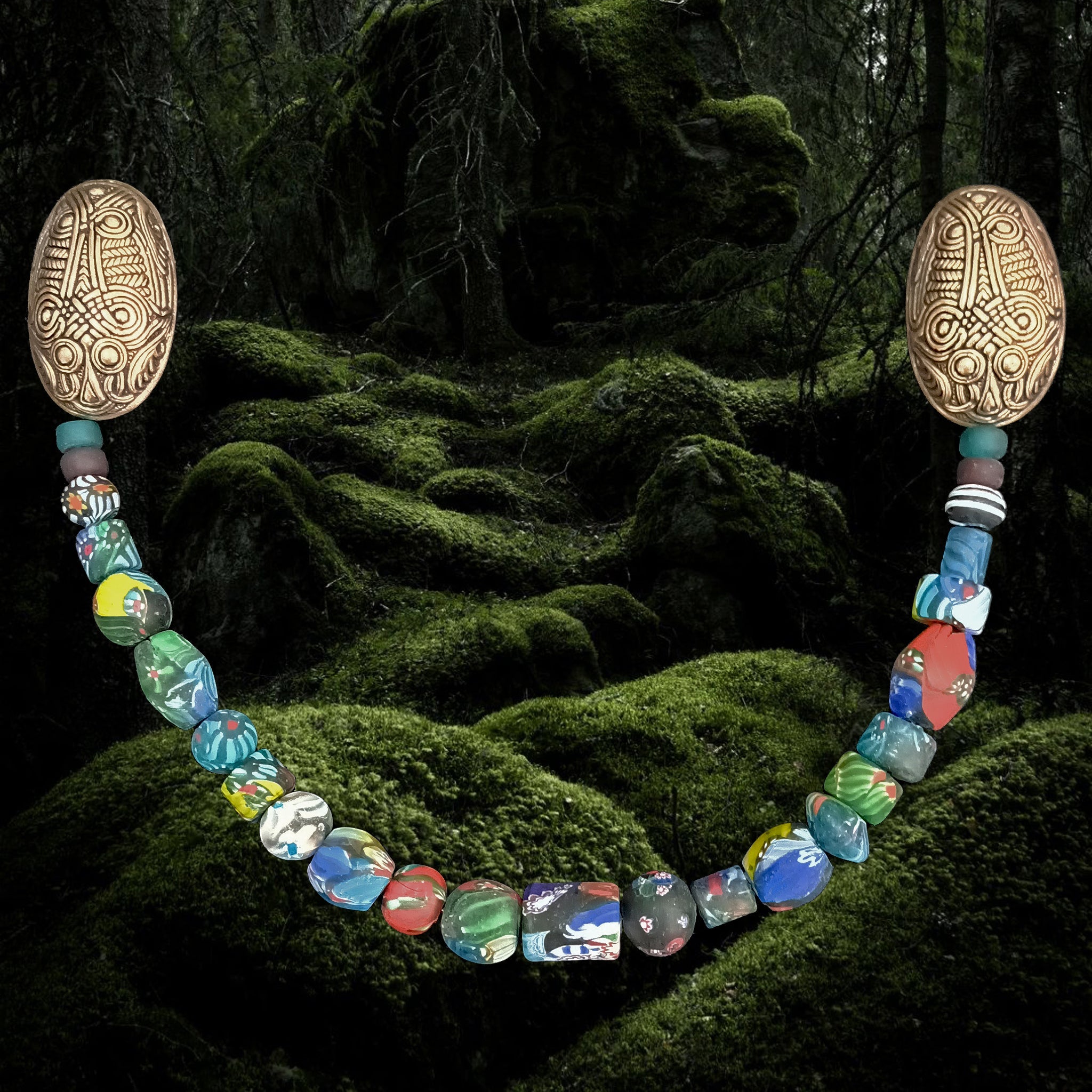 Bronze Norwegian Viking Turtle Brooches with Glass Viking Beads