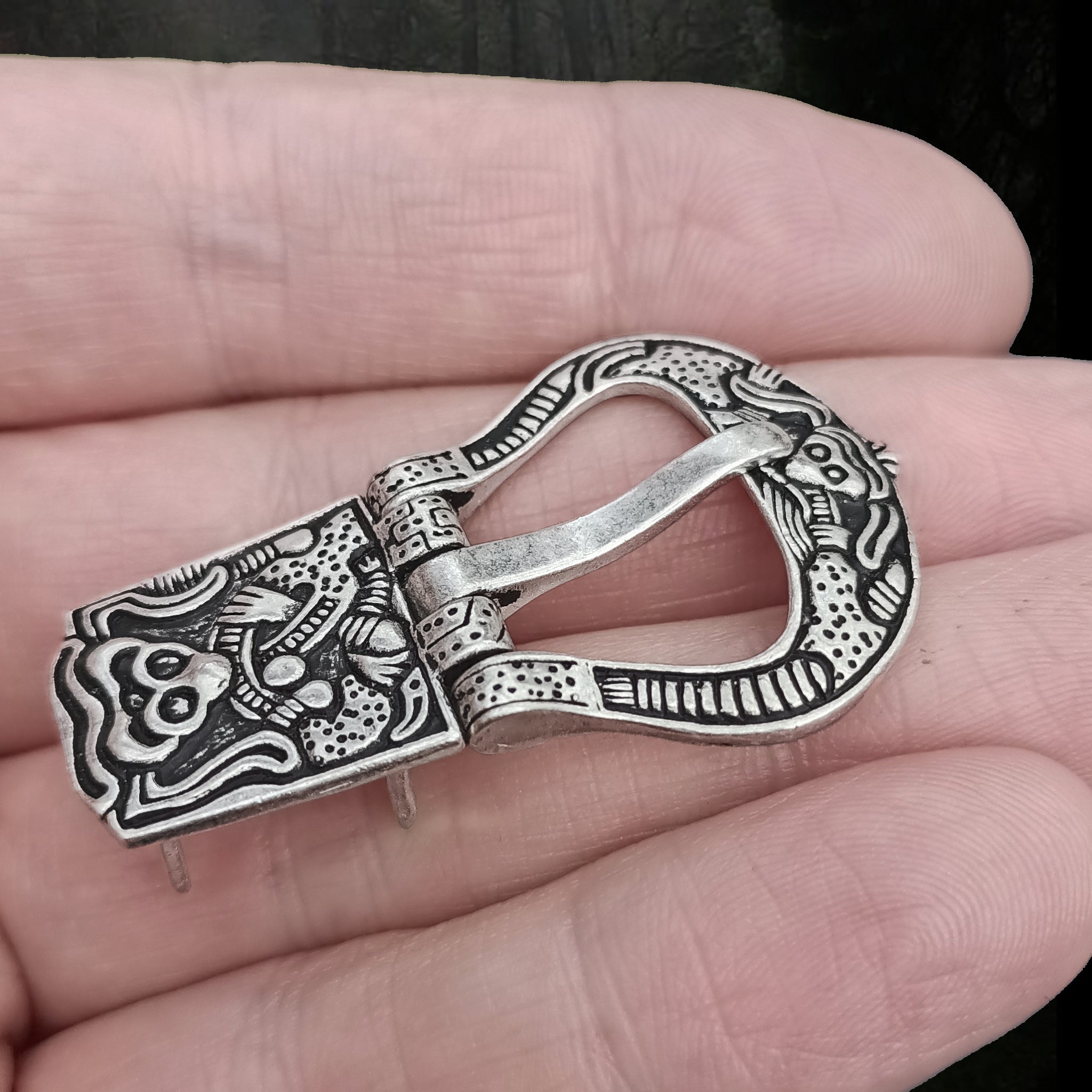 Silver Plated Borre Style Gripping Beast Viking Buckle on Hand - Side Angle View