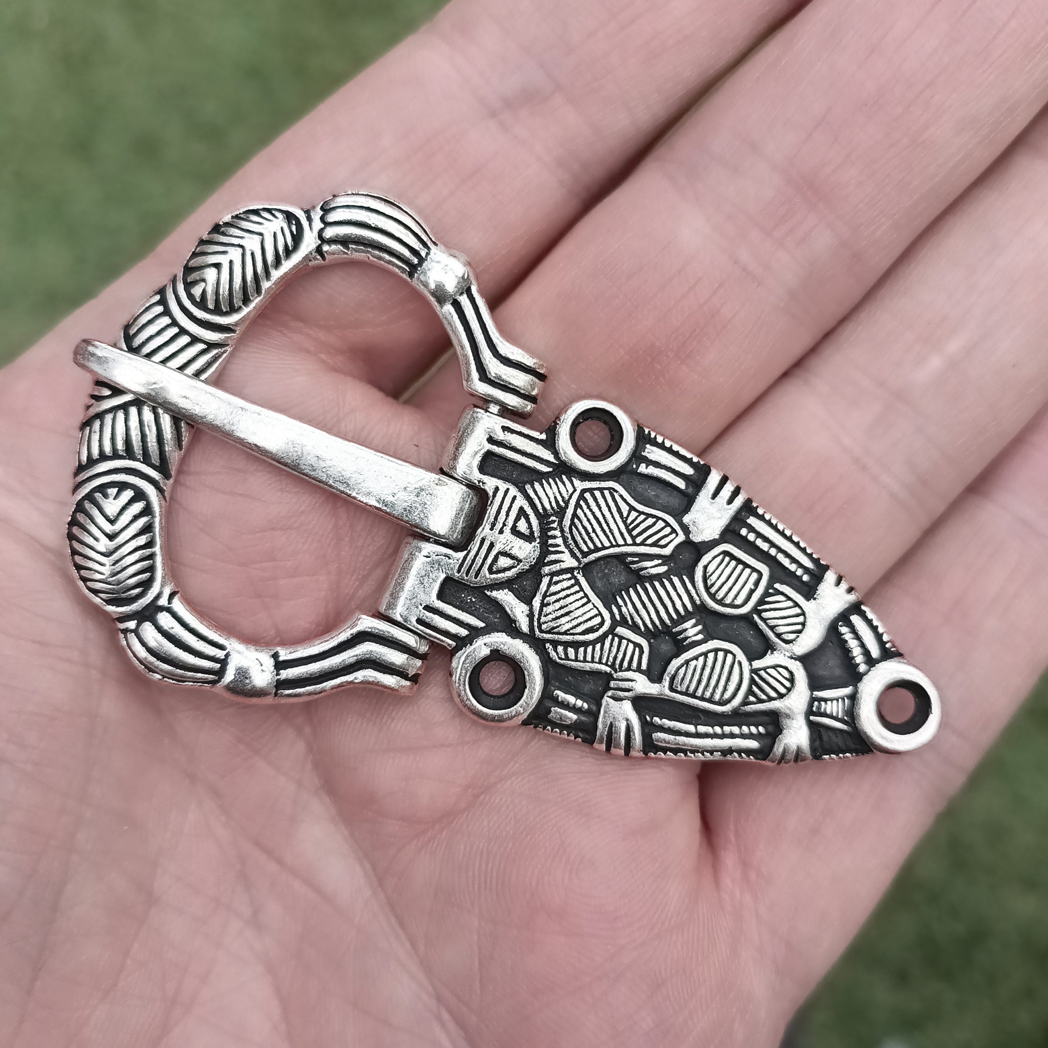 Silver Plated Oseberg Style Viking Buckle on Hand