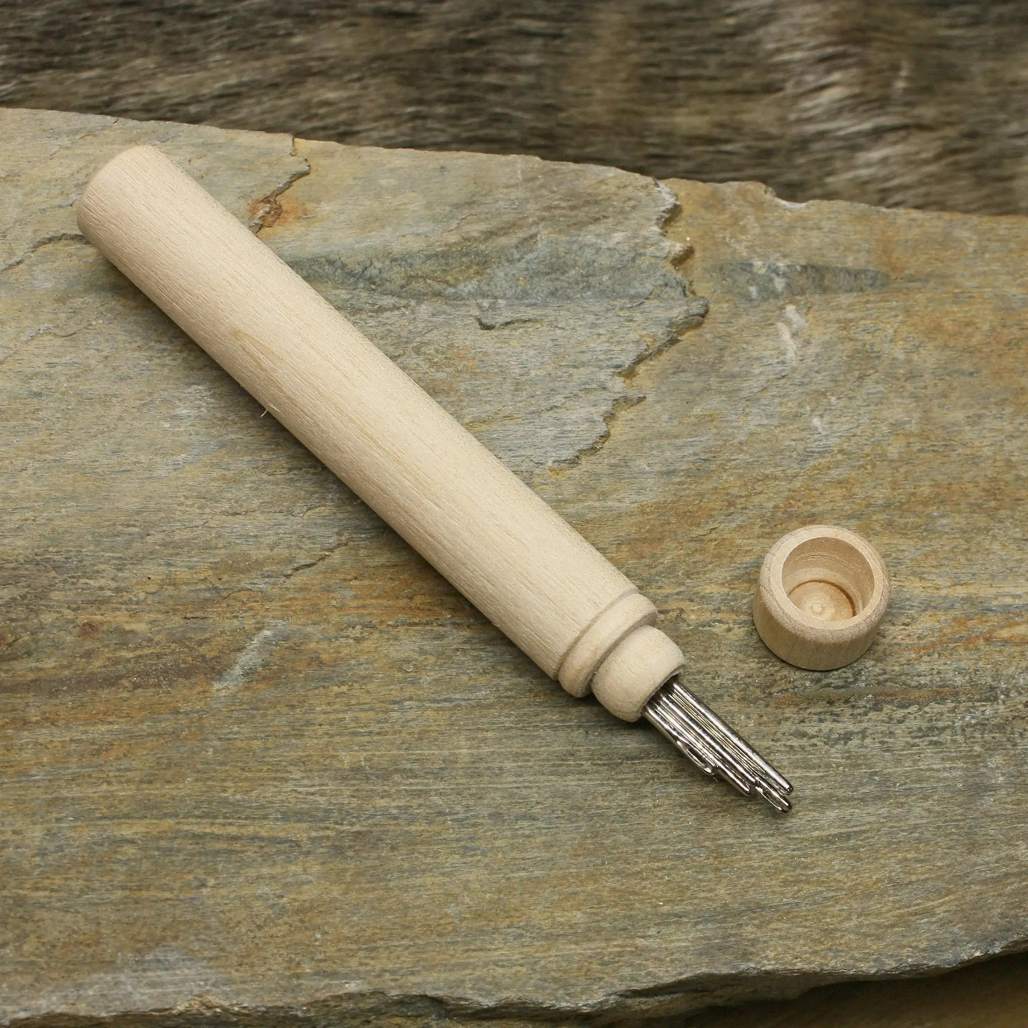Long Wooden Viking / Medieval Needlecase on Rock with Needles