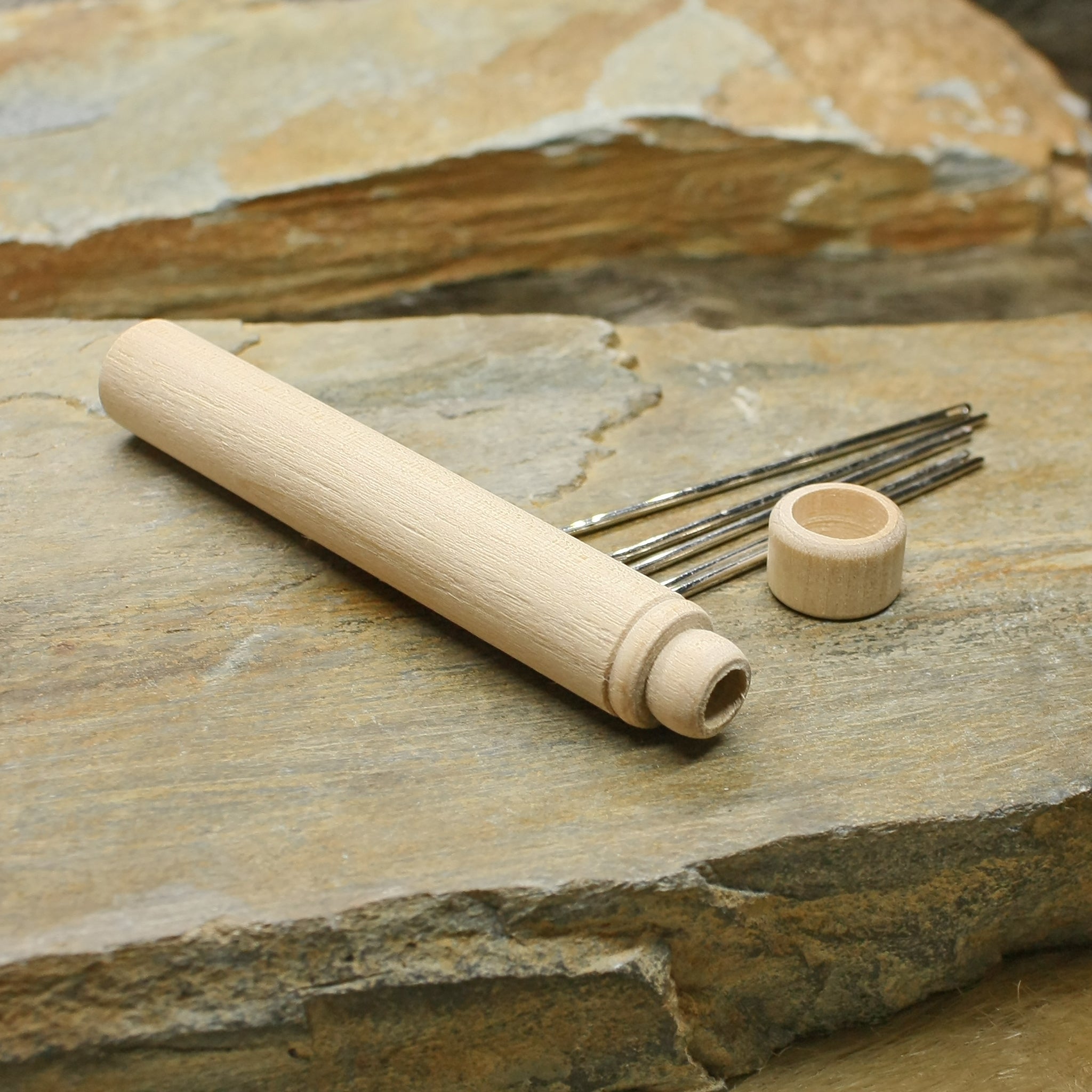 Long Wooden Viking / Medieval Needlecase Open with Needles at Side