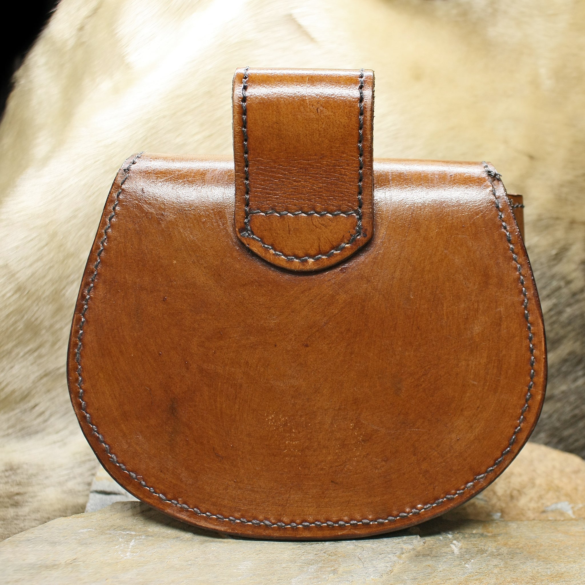 Turned Brown Leather Viking Belt Pouch with Bronze Fittings - Back