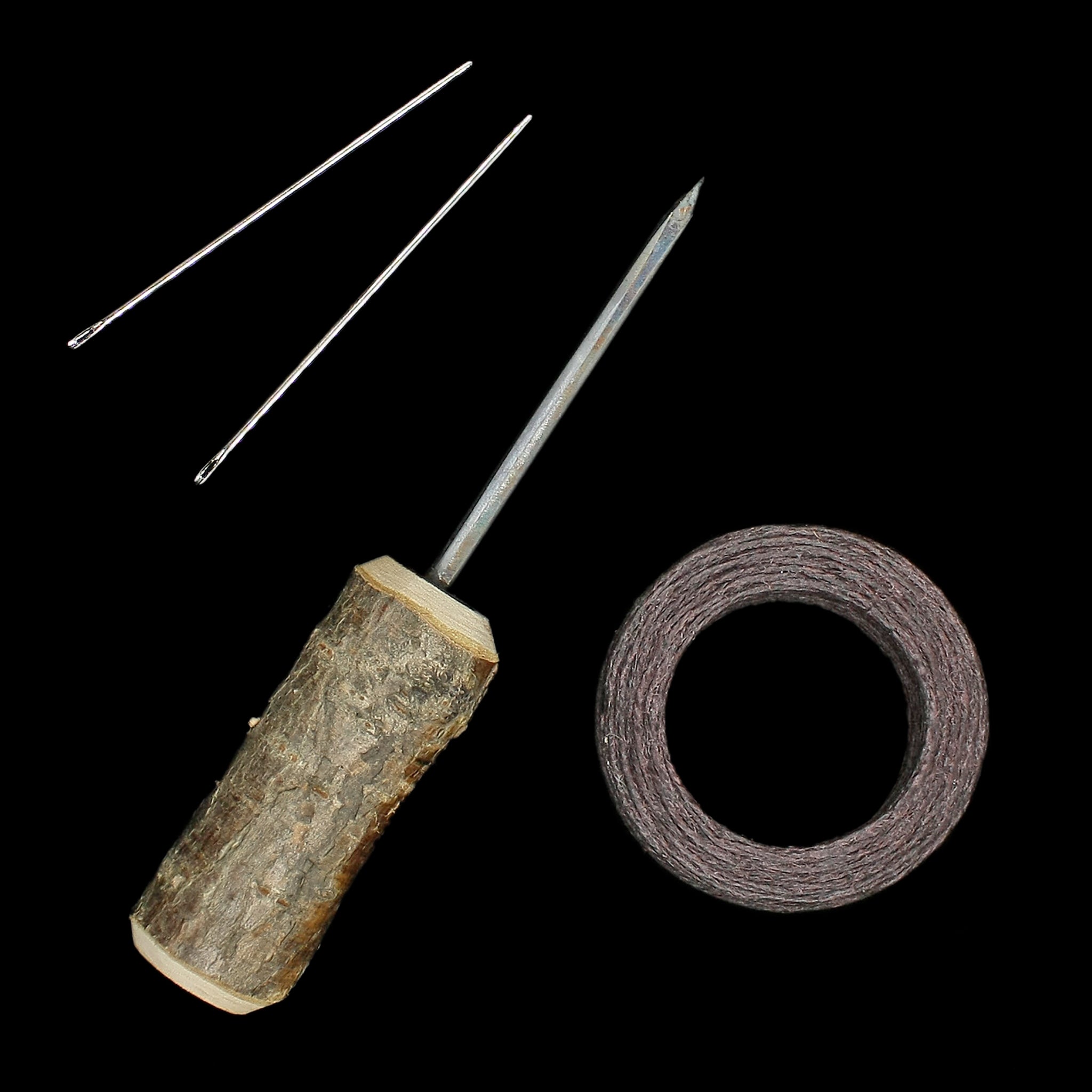 Leather Viking Sewing Kit with Birch Wood Awl, Needles, Waxed Linen Thread