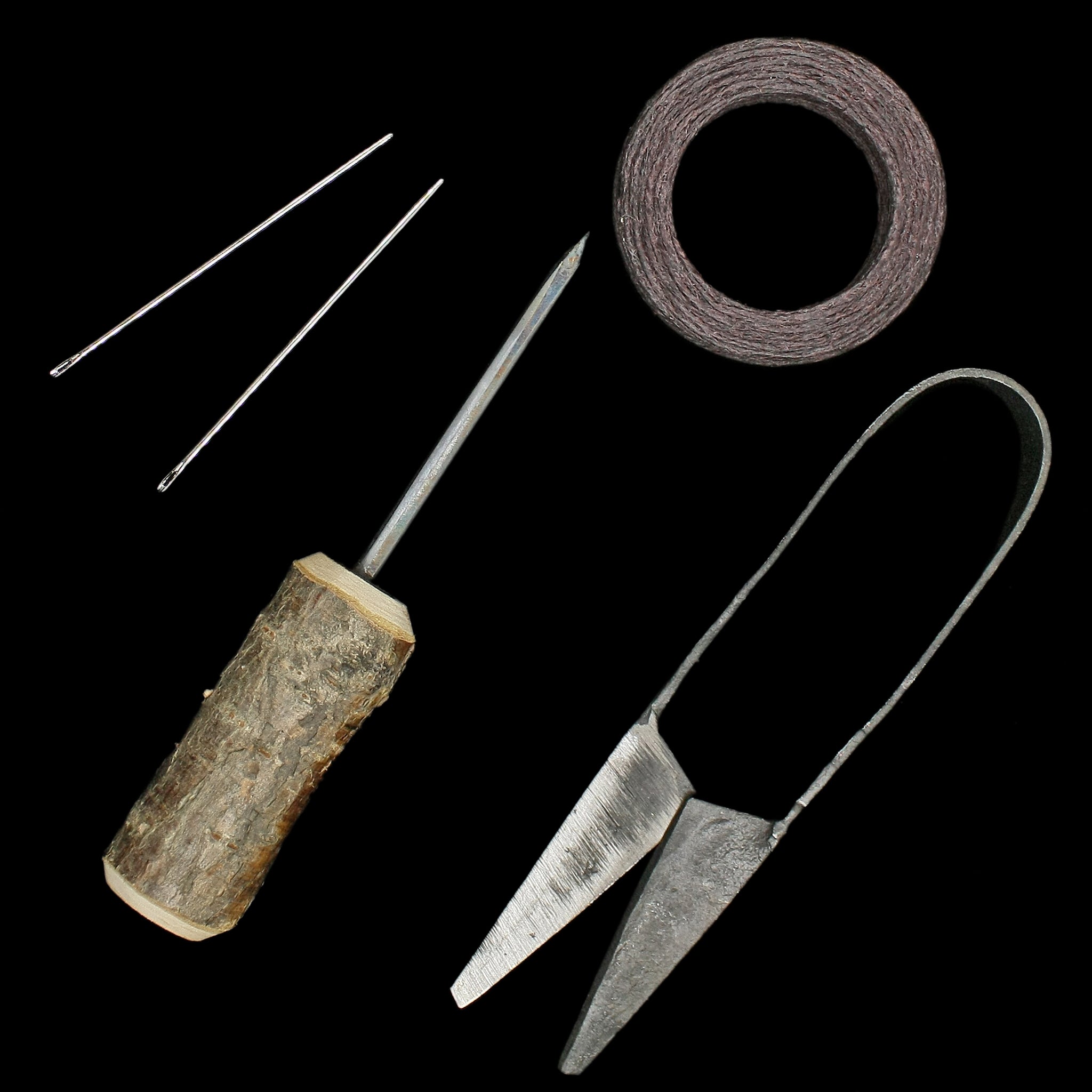 Leather Viking Sewing Kit with Birch Wood Awl, Needles, Waxed Linen Thread, Steel Snips