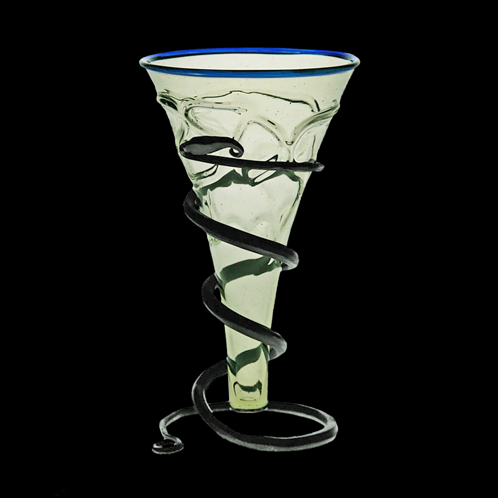 Decorated Glass Viking Cone Beaker with Blue Rim & Iron Stand - Black Background