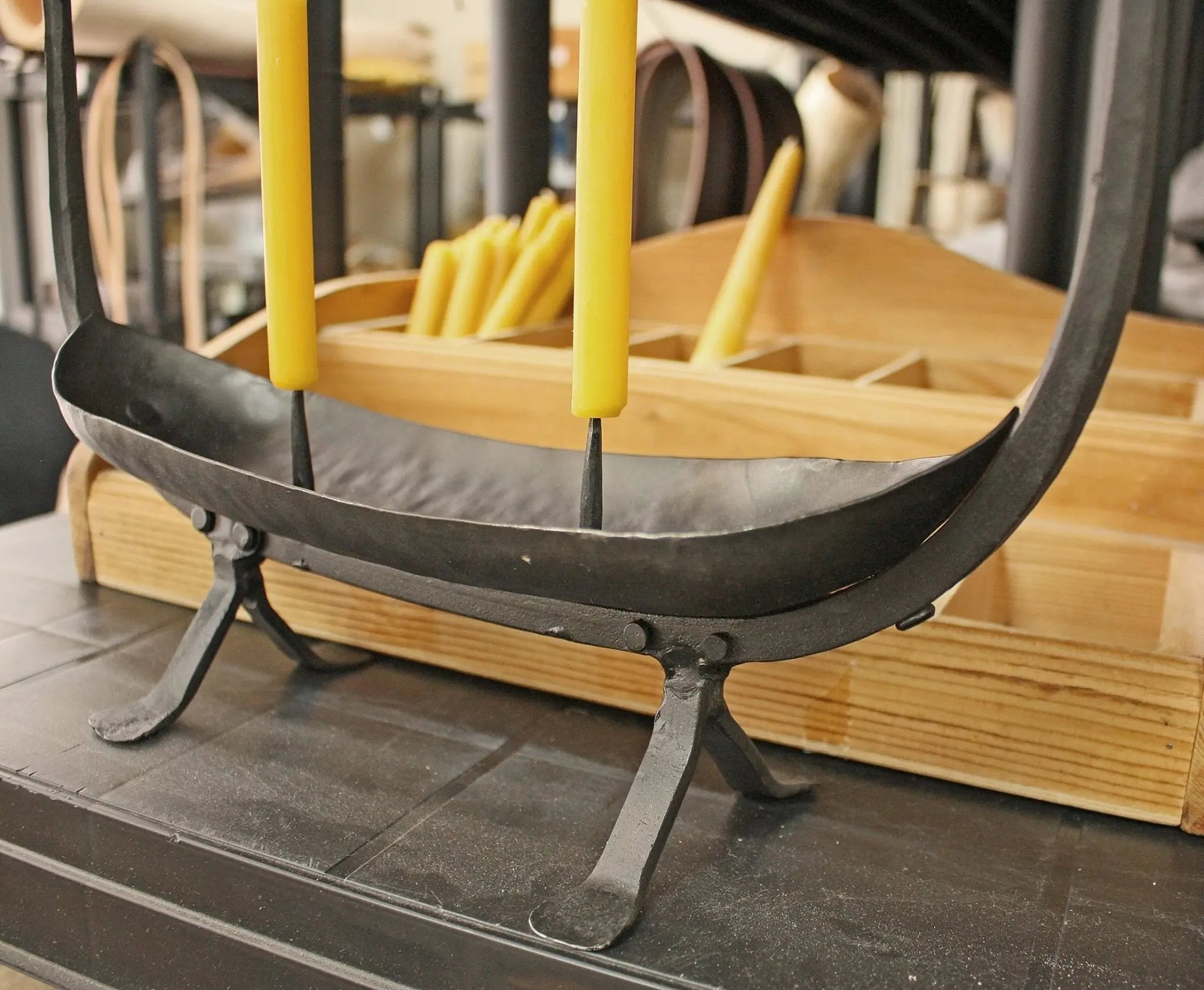 Viking Longship Candle Holder with Candles Close Up