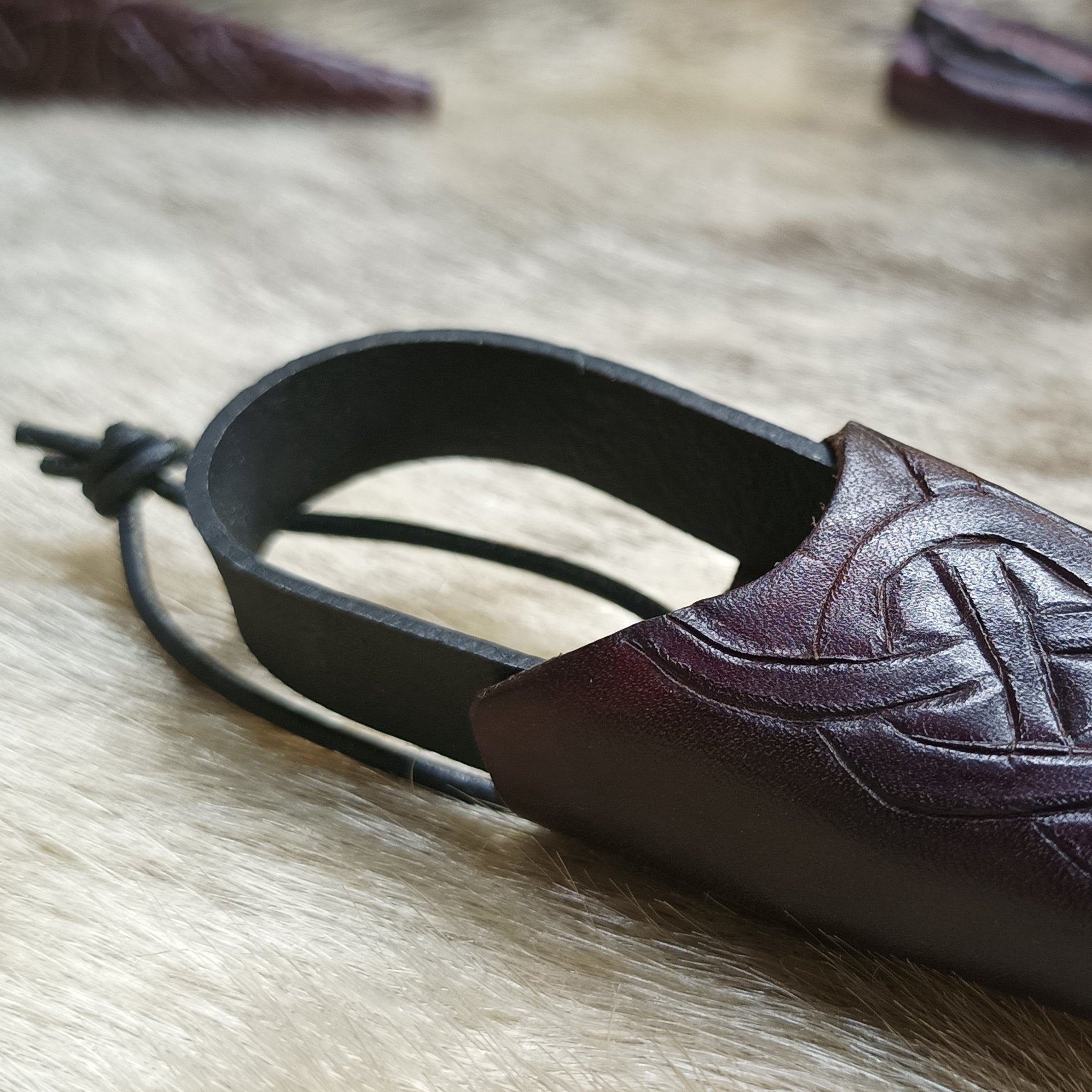 Hand-Forged Medium Snips in Medium Leather Knotwork Sheath - Close Up