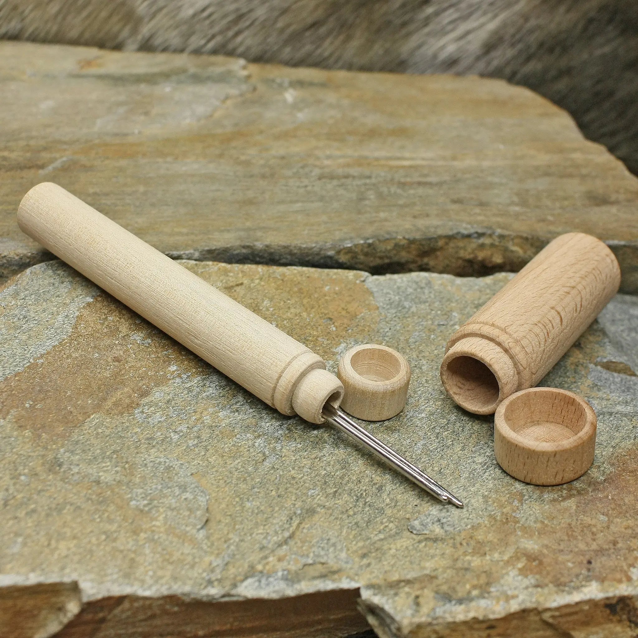 Wooden Viking / Medieval Needlecases on Rock - Open with Needles