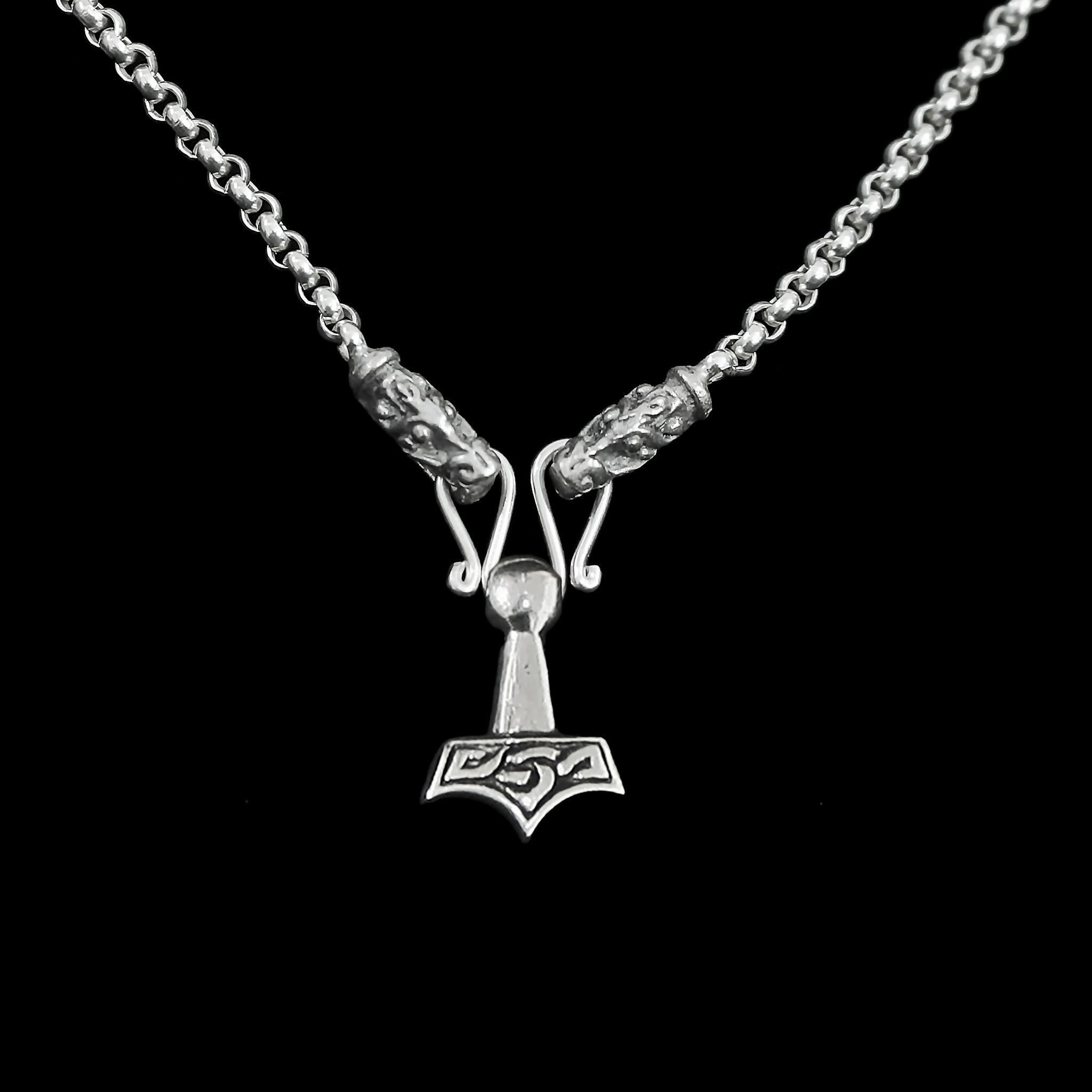 Slim Silver Anchor Chain Pendant Necklace with Gotland Dragon Heads with Small Knotwork Hammer Pendant
