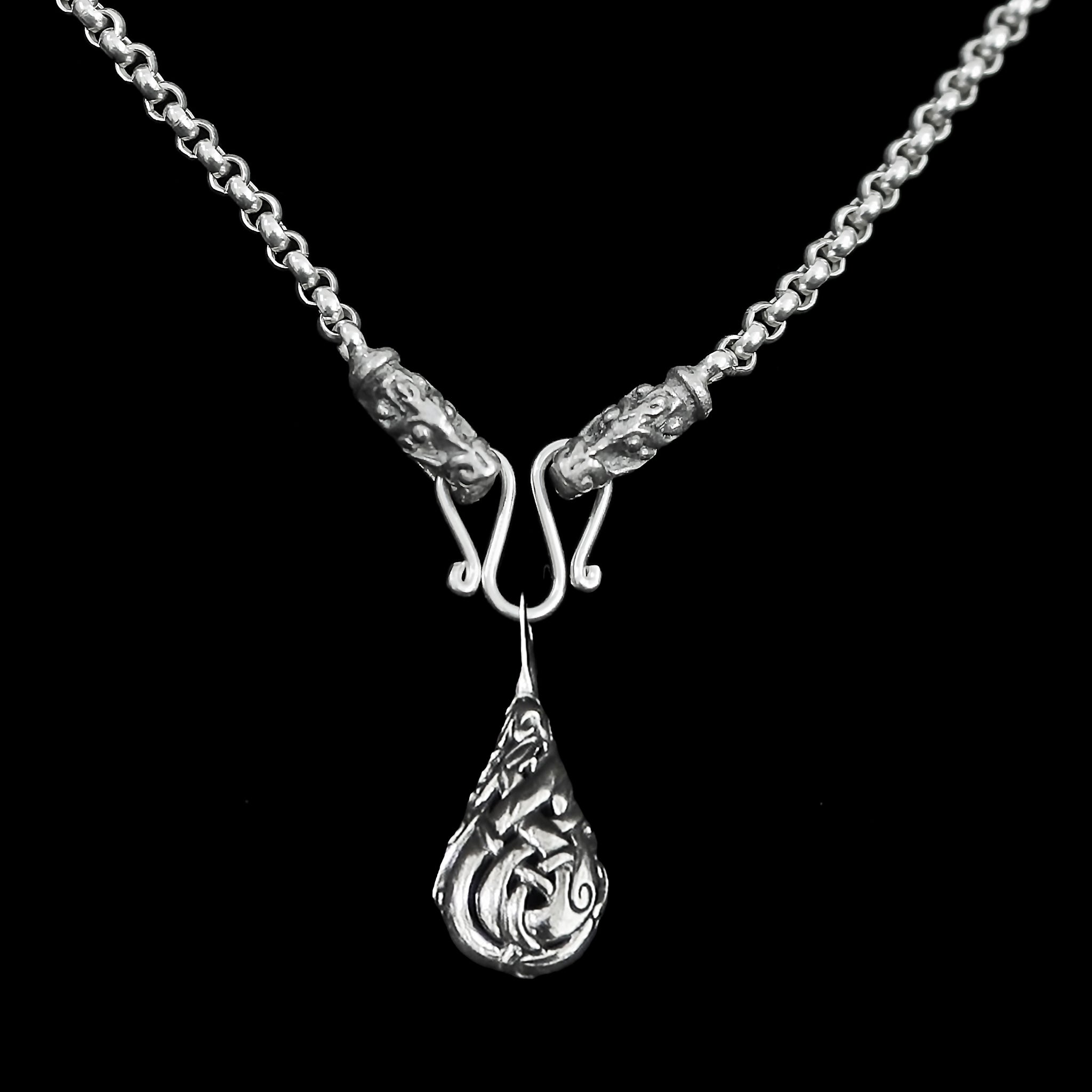 Slim Silver Anchor Chain Pendant Necklace with Gotland Dragon Heads with Urnes Teardrop Pendant