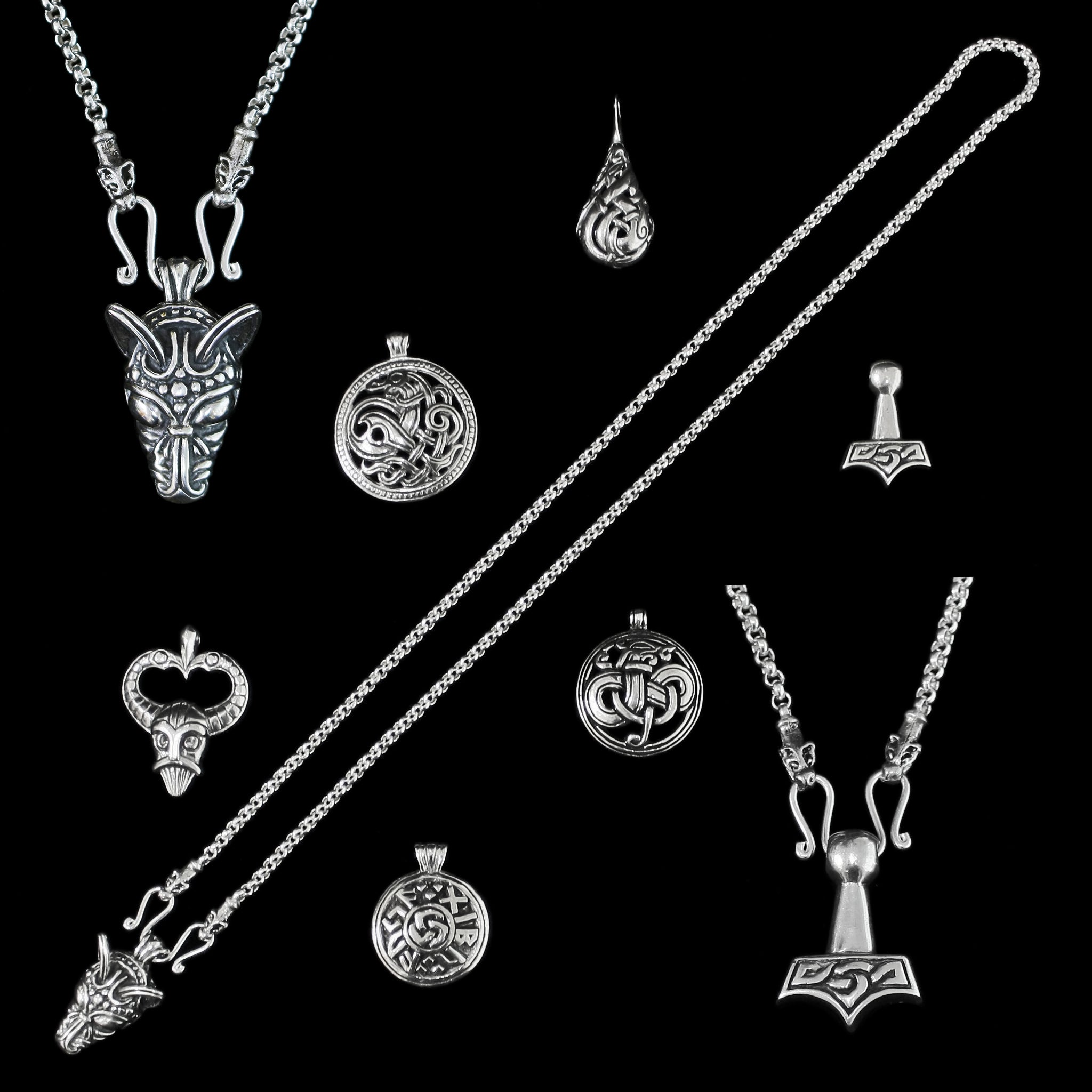 Sterling Silver Anchor Chain Viking Necklace with Icelandic Wolf Heads with a Choice of Pendants