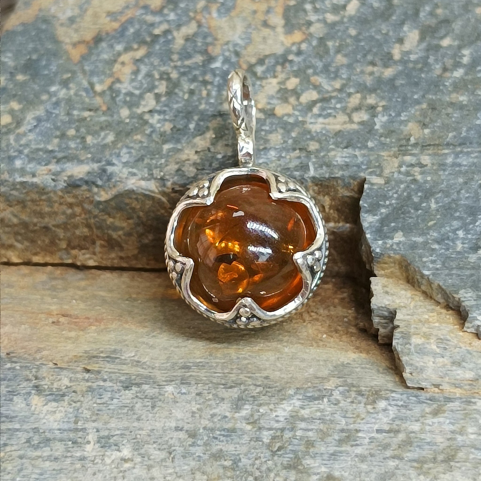 Small Silver Gotland Filigree Amber Ball Viking Pendant on Rock