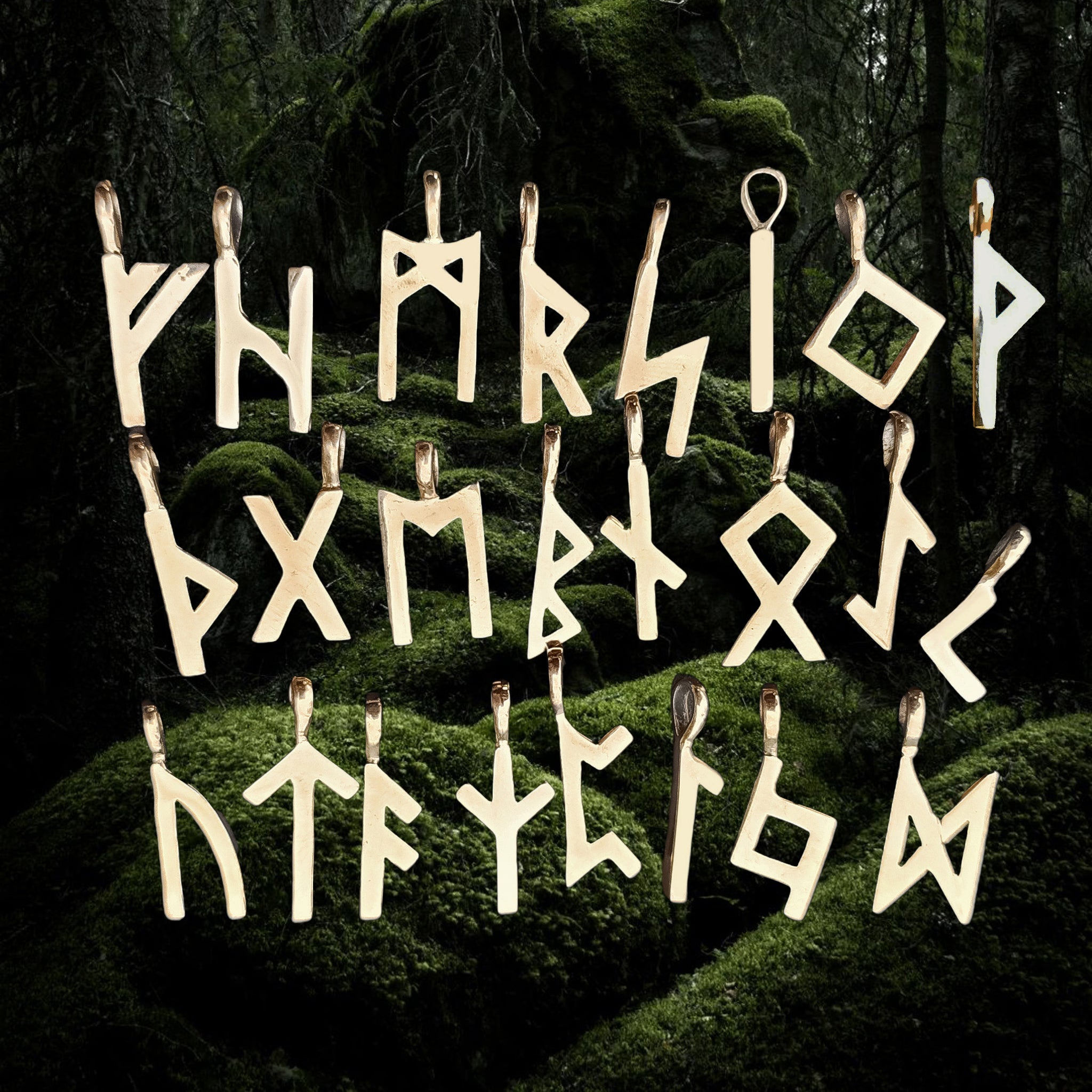 Bronze Elder Futhark Rune Pendants on Mossy Wood Background