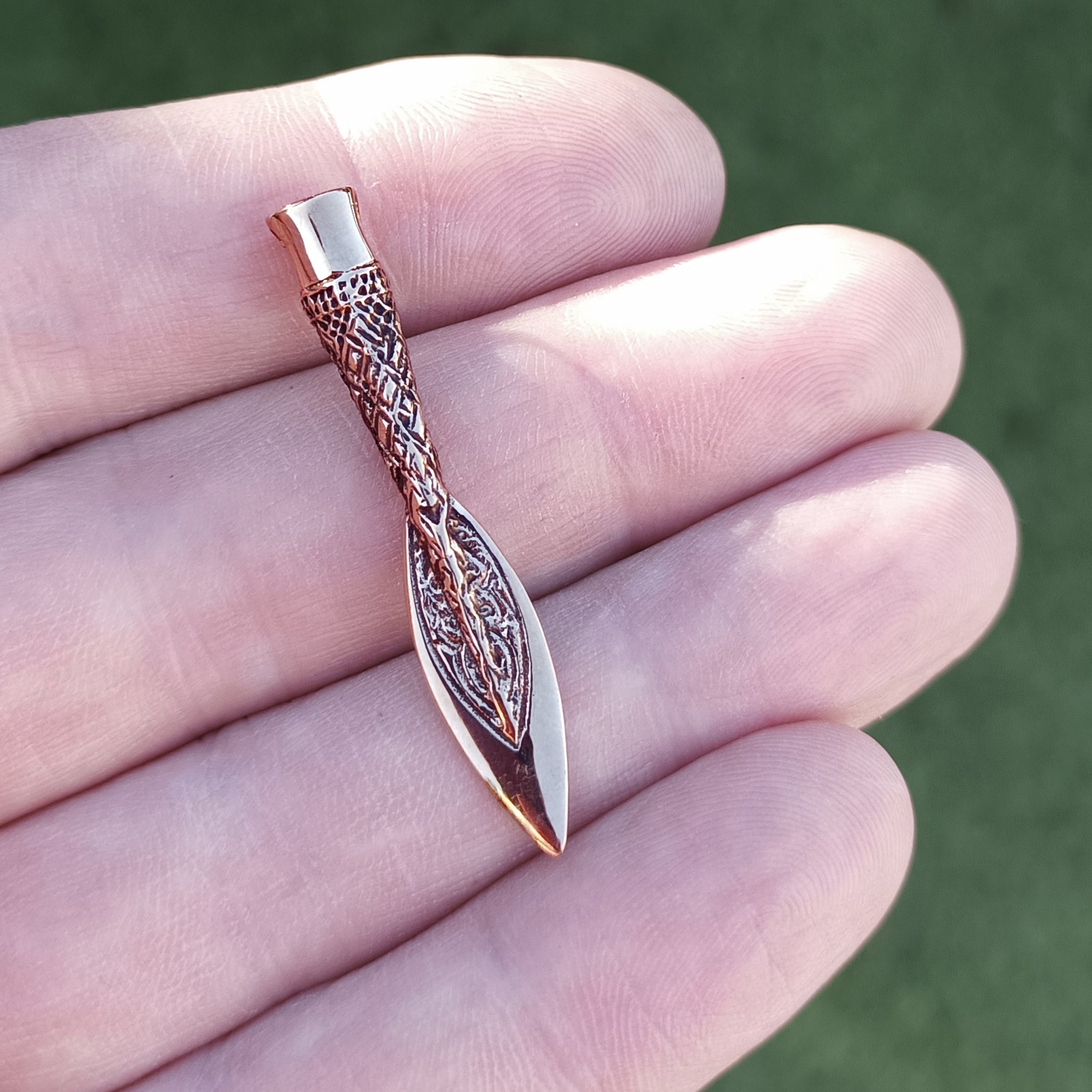 Bronze Finnish Spear Head Pendant on Hand