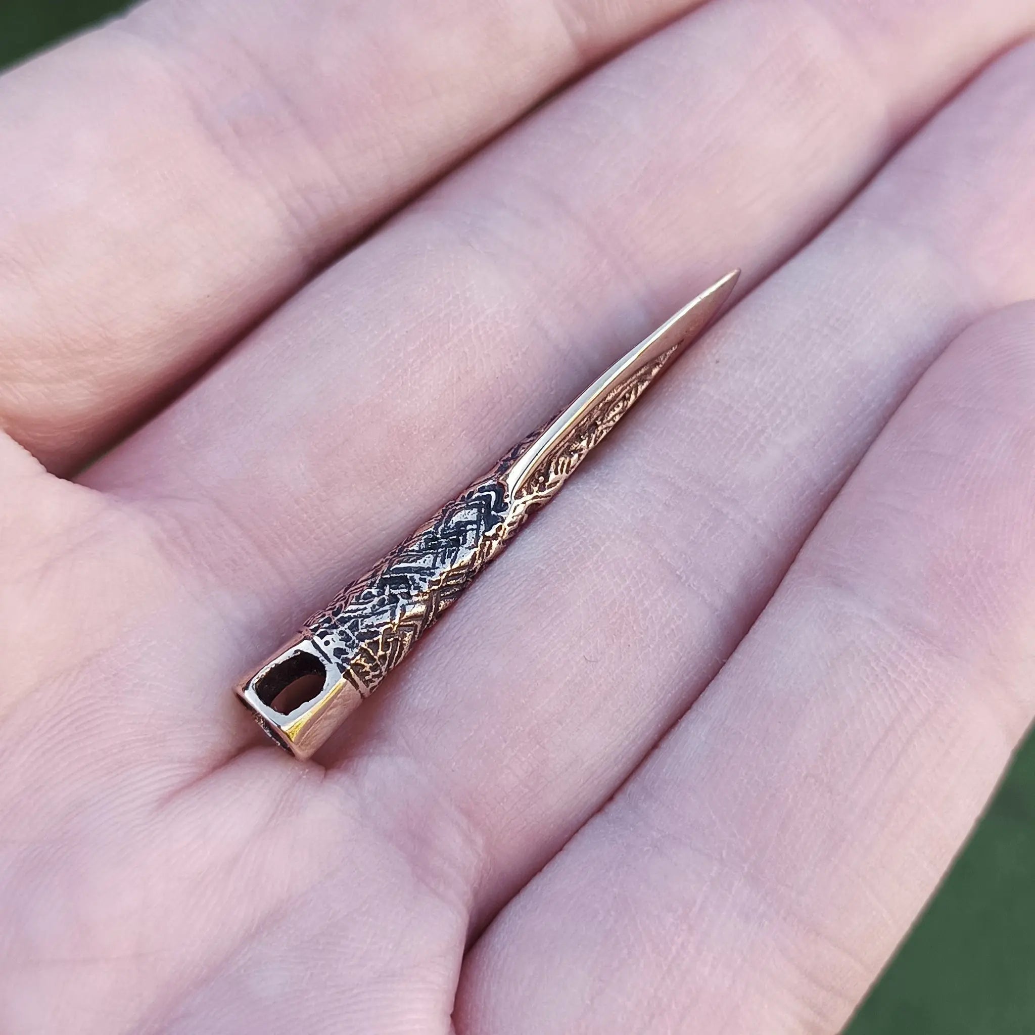 Bronze Finnish Spear Head Pendant on Hand - Side View