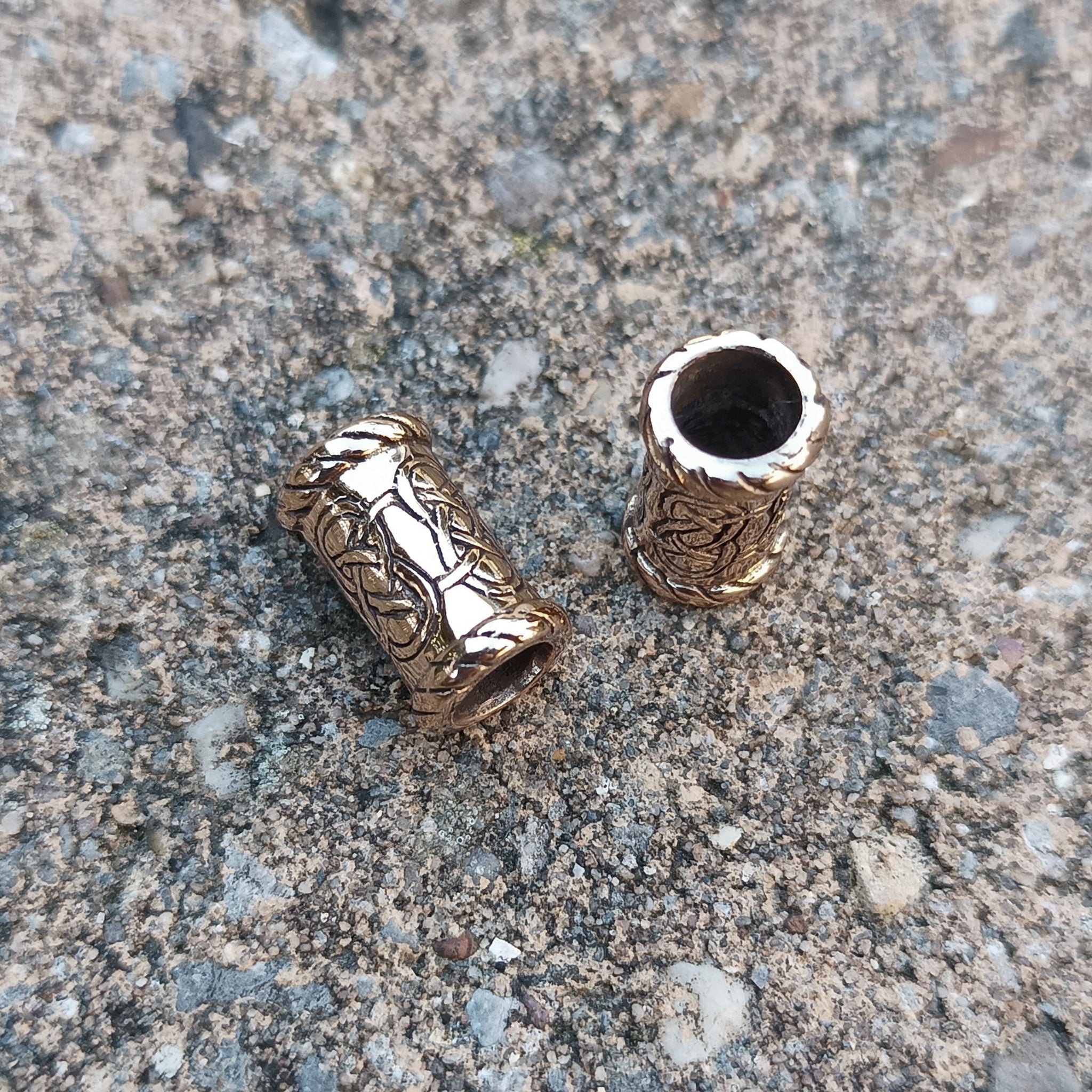 Small Knotwork Viking Beard Rings on Stone - Bronze