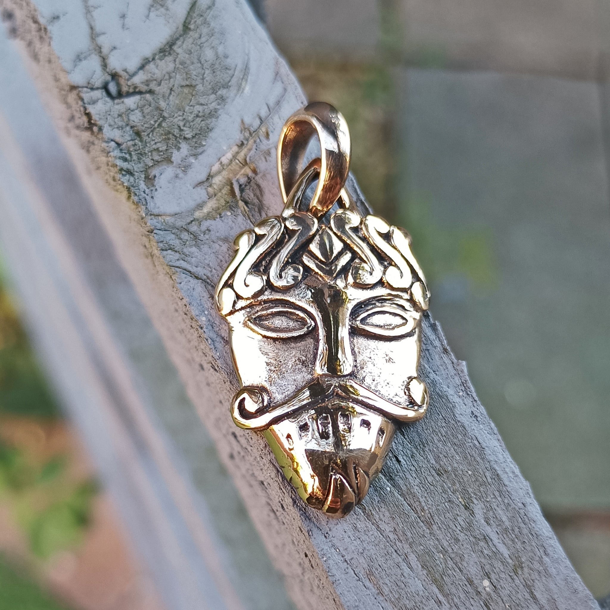 Bronze Loki Mask Pendant by Kai Uwe Faust - On Wood