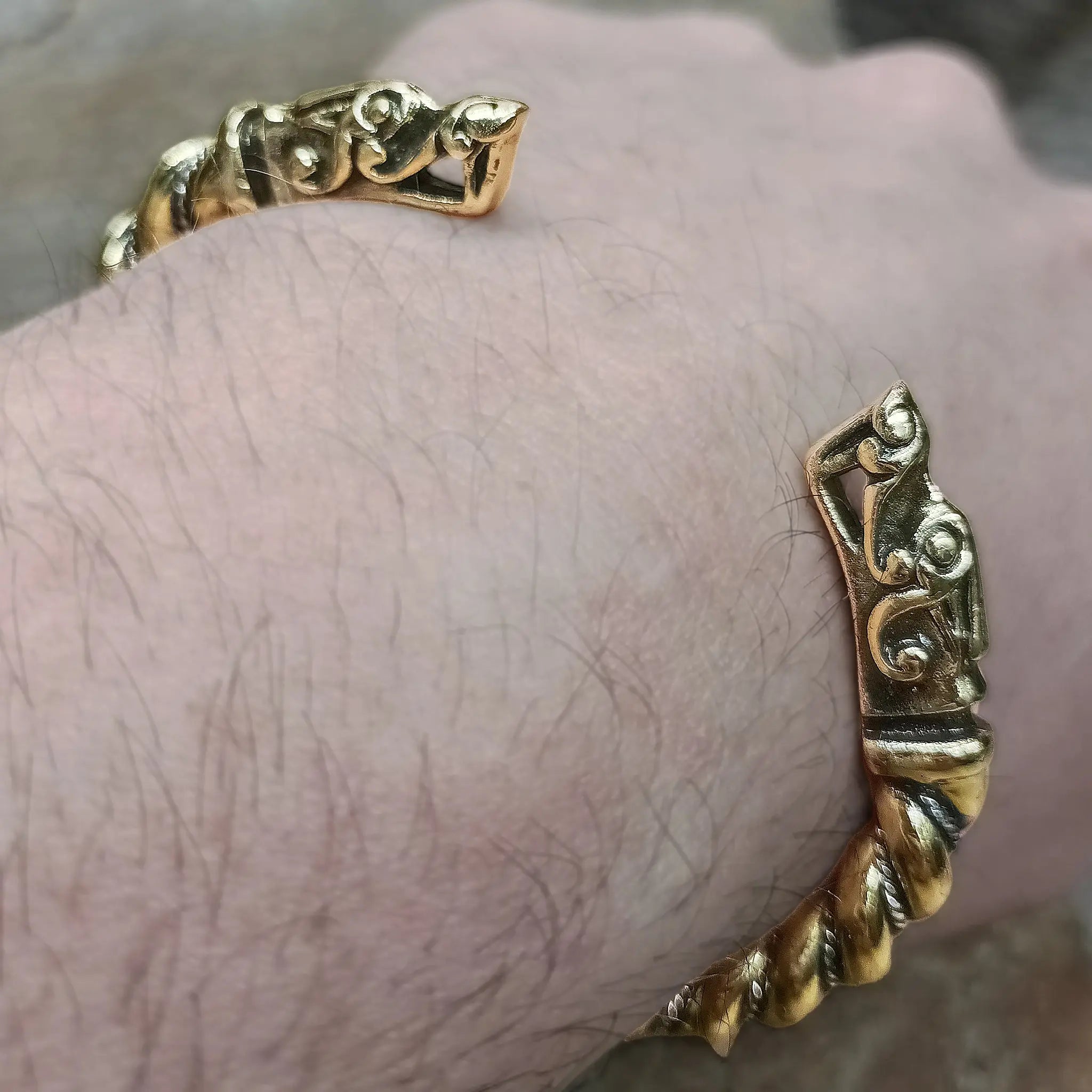 Twisted Bronze and Silver Bracelet With Gotlandic Dragon Heads on Wrist