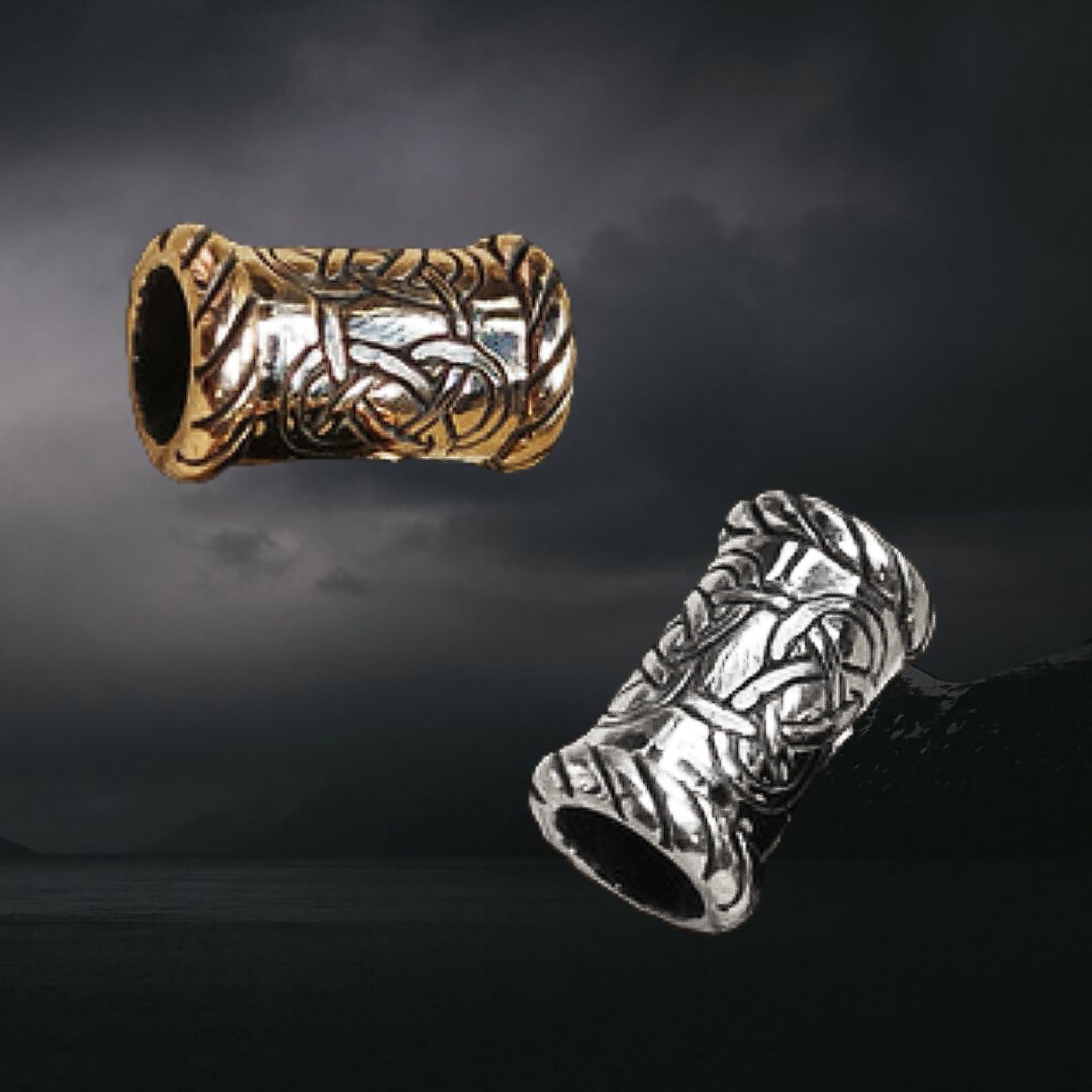 Medium Knotwork Viking Beard Rings in Bronze & Silver on Dark Skies Background